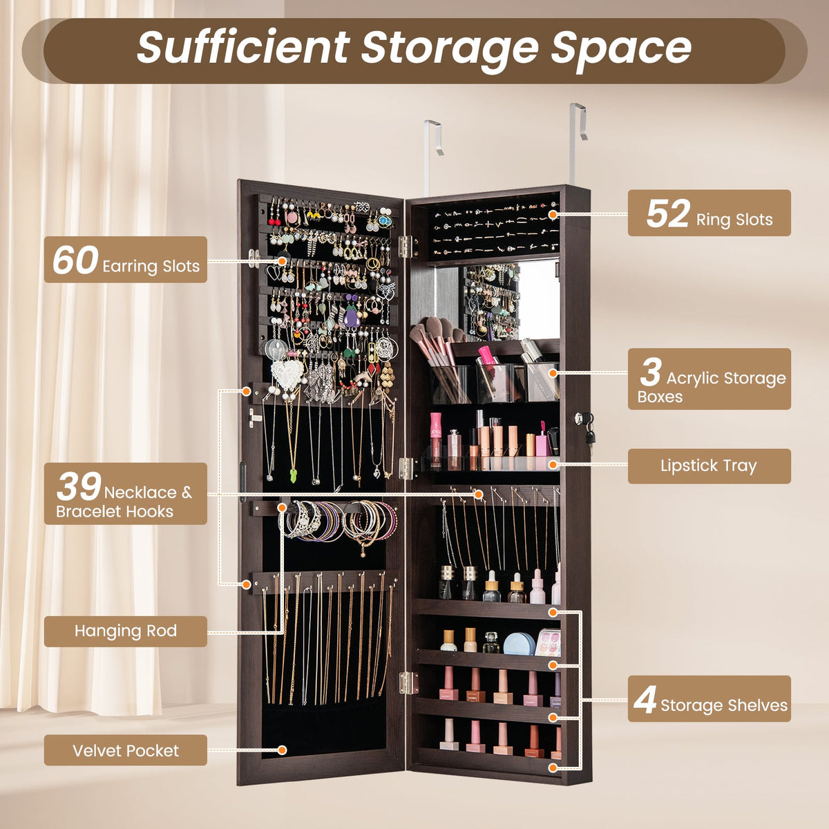 43.5 Inch Jewelry Mirror Cabinet with Full-length Mirror and Adjustable Hangers-Dark Brown-Jewelry Armoires-DECOROLALA