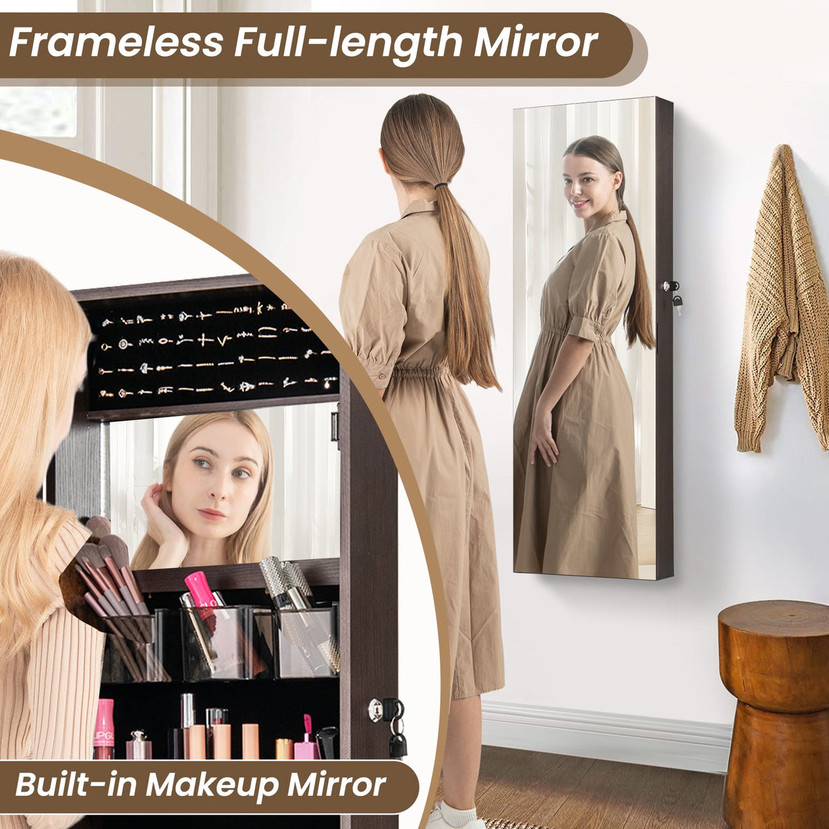 43.5 Inch Jewelry Mirror Cabinet with Full-length Mirror and Adjustable Hangers-Dark Brown-Jewelry Armoires-DECOROLALA