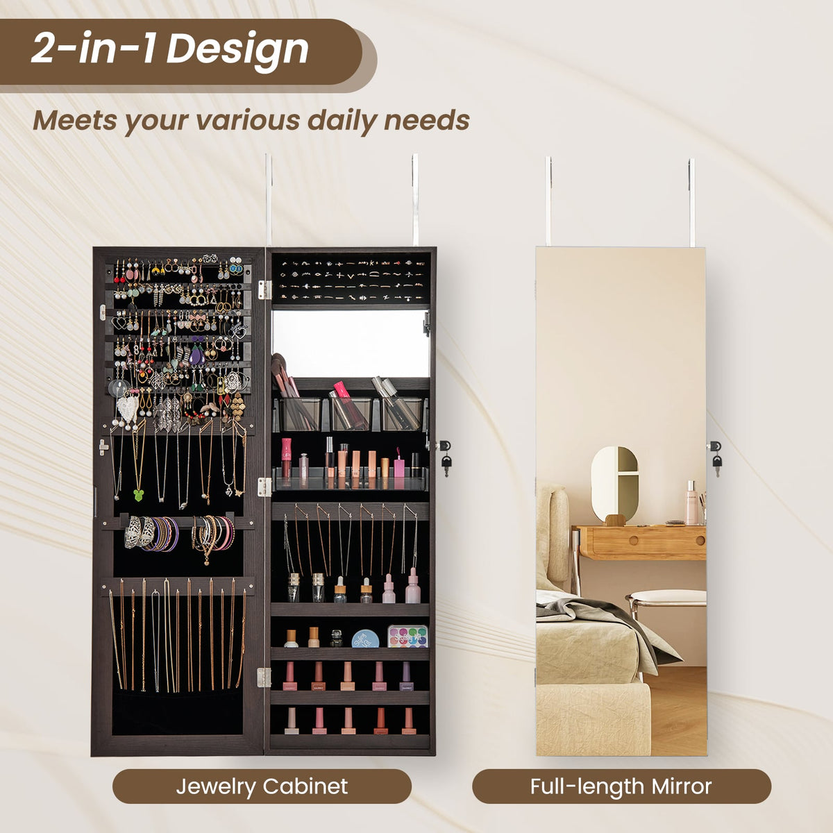 43.5 Inch Jewelry Mirror Cabinet with Full-length Mirror and Adjustable Hangers-Dark Brown-Jewelry Armoires-DECOROLALA