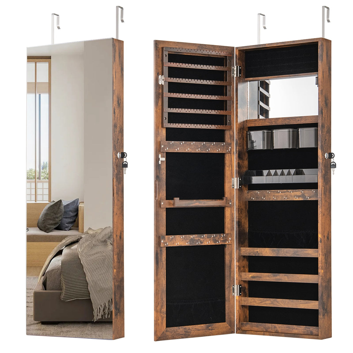 43.5 Inch Jewelry Mirror Cabinet with Full-length Mirror and Adjustable Hangers-Rustic Brown-Jewelry Armoires-DECOROLALA