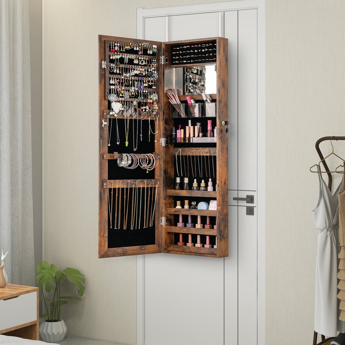 43.5 Inch Jewelry Mirror Cabinet with Full-length Mirror and Adjustable Hangers-Rustic Brown-Jewelry Armoires-DECOROLALA