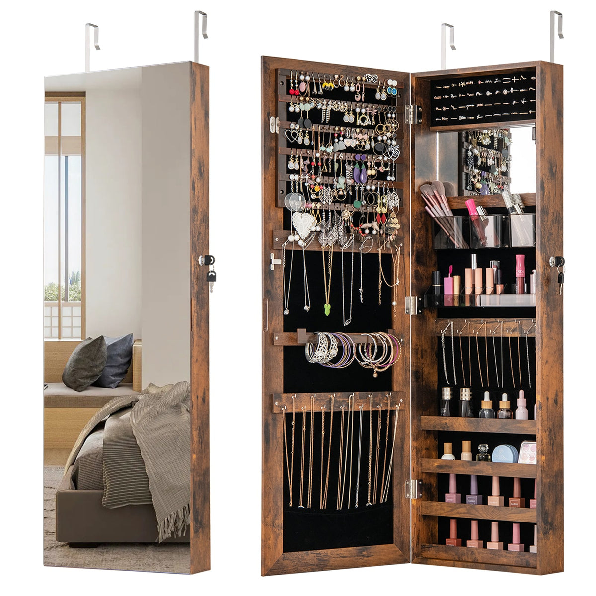 43.5 Inch Jewelry Mirror Cabinet with Full-length Mirror and Adjustable Hangers-Rustic Brown-Jewelry Armoires-DECOROLALA