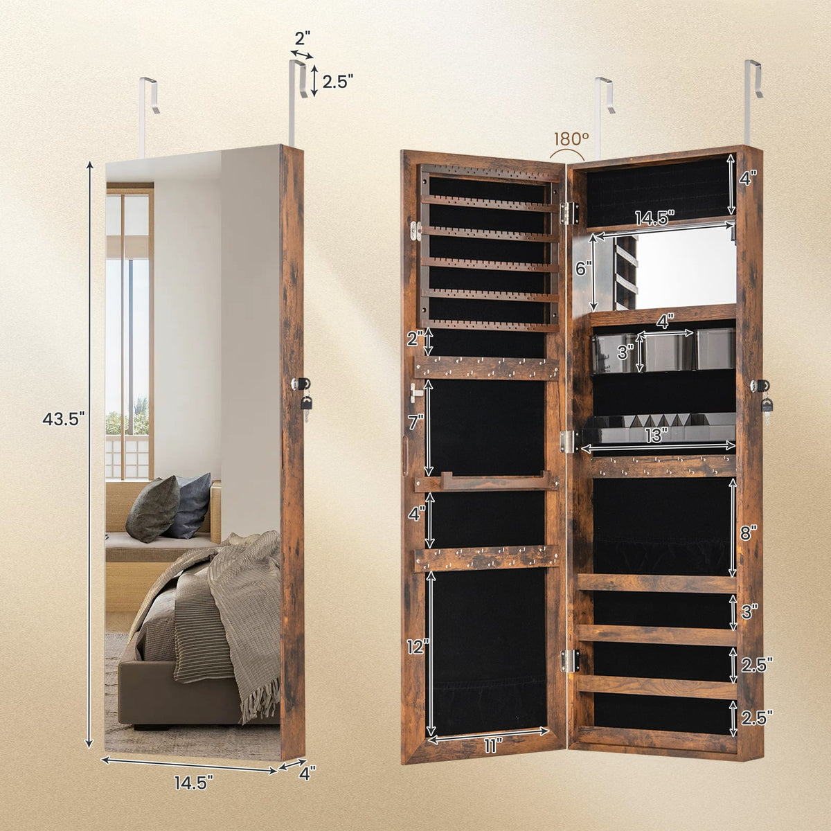 43.5 Inch Jewelry Mirror Cabinet with Full-length Mirror and Adjustable Hangers-Rustic Brown-Jewelry Armoires-DECOROLALA