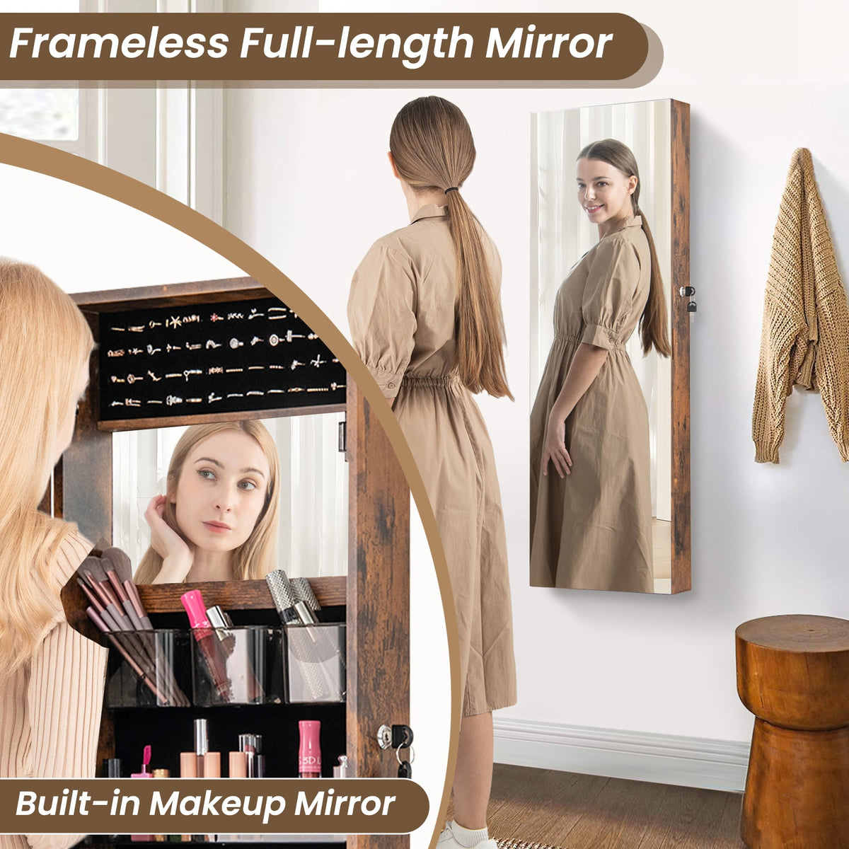 43.5 Inch Jewelry Mirror Cabinet with Full-length Mirror and Adjustable Hangers-Rustic Brown-Jewelry Armoires-DECOROLALA
