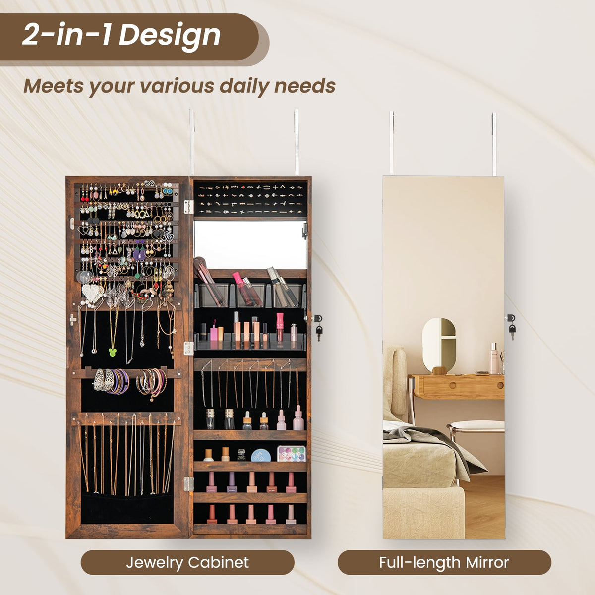 43.5 Inch Jewelry Mirror Cabinet with Full-length Mirror and Adjustable Hangers-Rustic Brown-Jewelry Armoires-DECOROLALA
