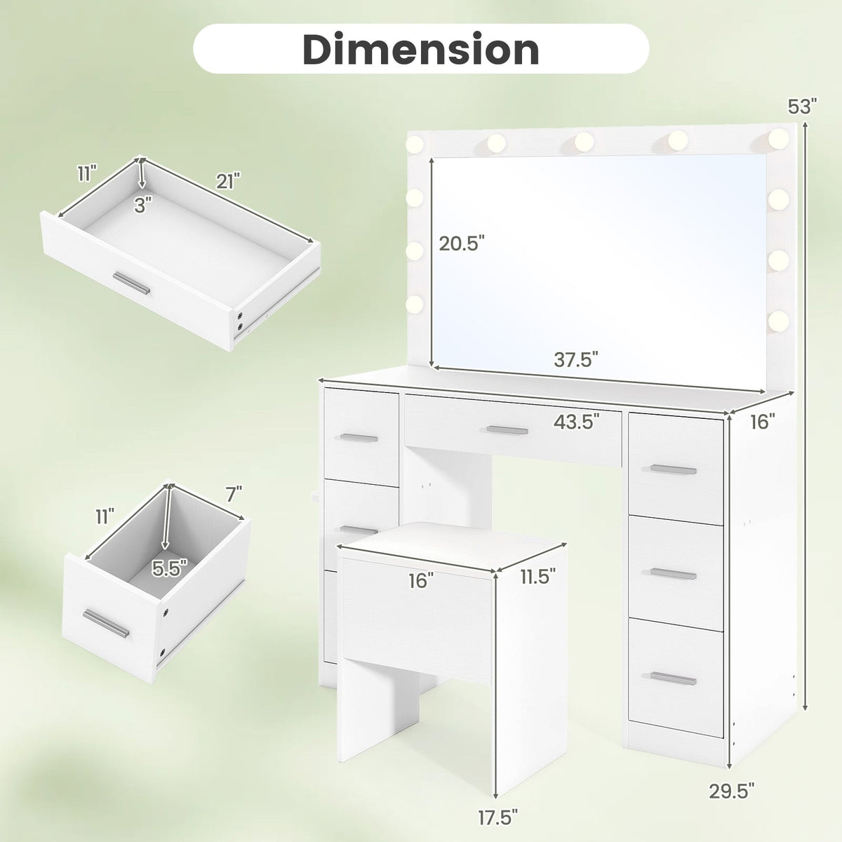 43.5-Inche Vanity Desk with Mirror and Lights for Bedroom-White-Makeup Vanities-DECOROLALA