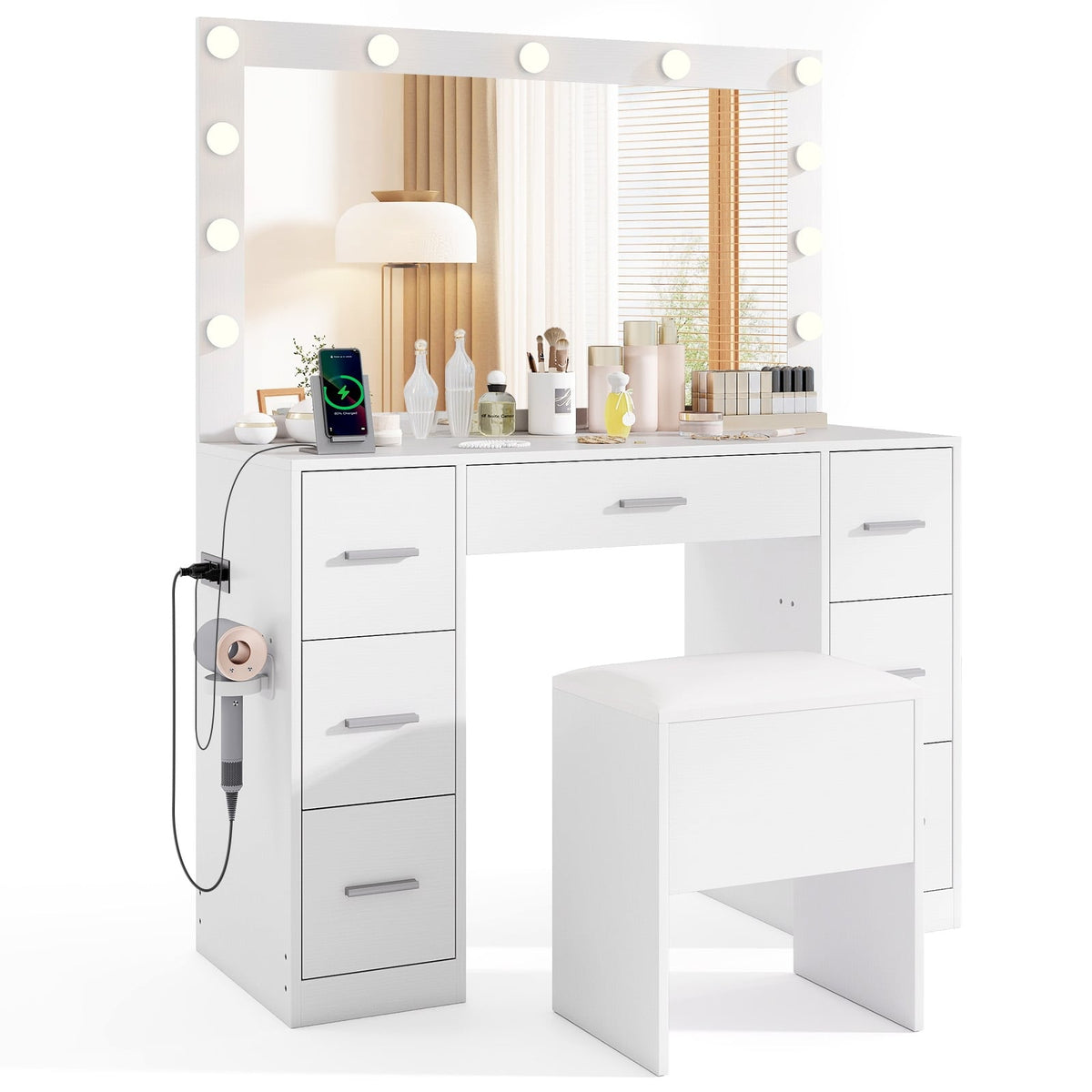 43.5-Inche Vanity Desk with Mirror and Lights for Bedroom-White-Makeup Vanities-DECOROLALA
