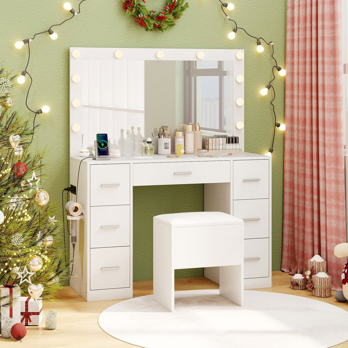 43.5-Inche Vanity Desk with Mirror and Lights for Bedroom-White-Makeup Vanities-DECOROLALA