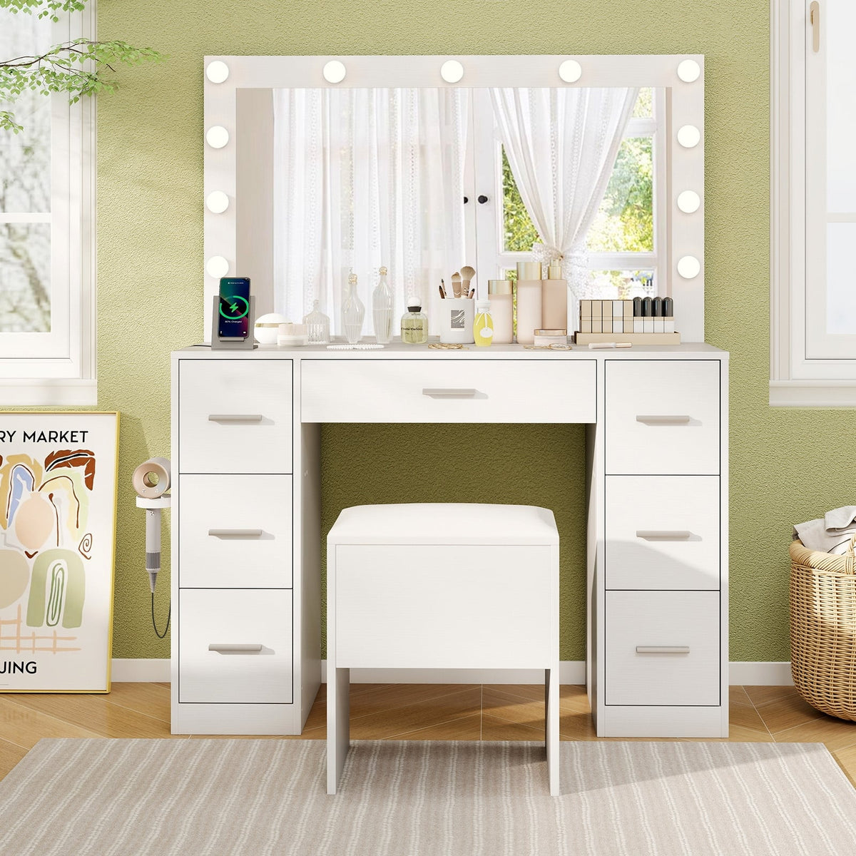 43.5-Inche Vanity Desk with Mirror and Lights for Bedroom-White-Makeup Vanities-DECOROLALA