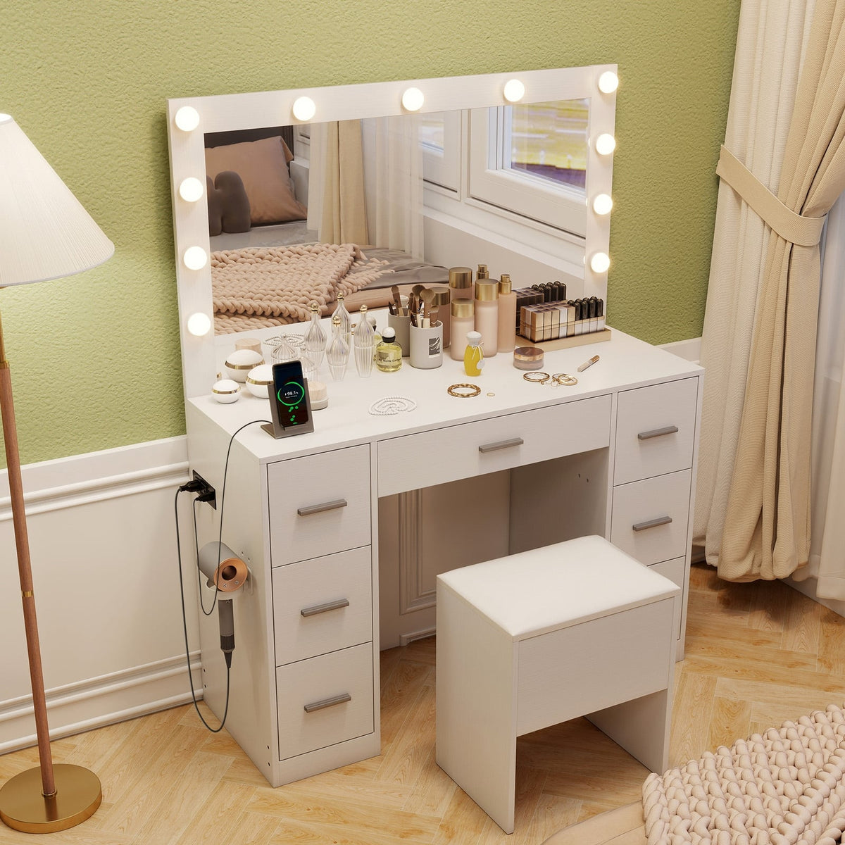 43.5-Inche Vanity Desk with Mirror and Lights for Bedroom-White-Makeup Vanities-DECOROLALA
