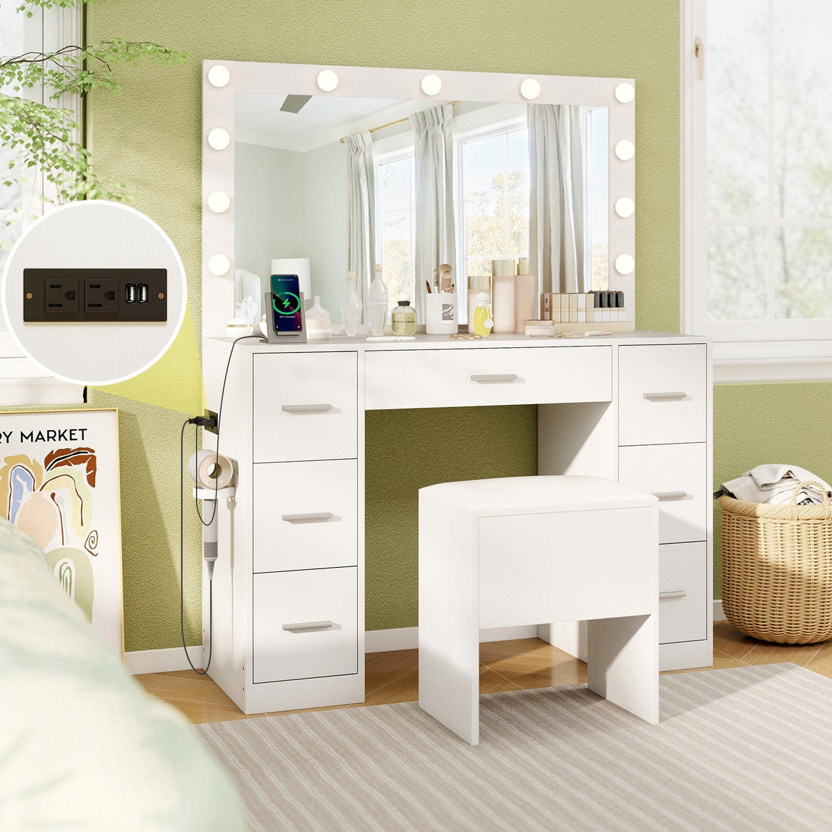 43.5-Inche Vanity Desk with Mirror and Lights for Bedroom-White-Makeup Vanities-DECOROLALA
