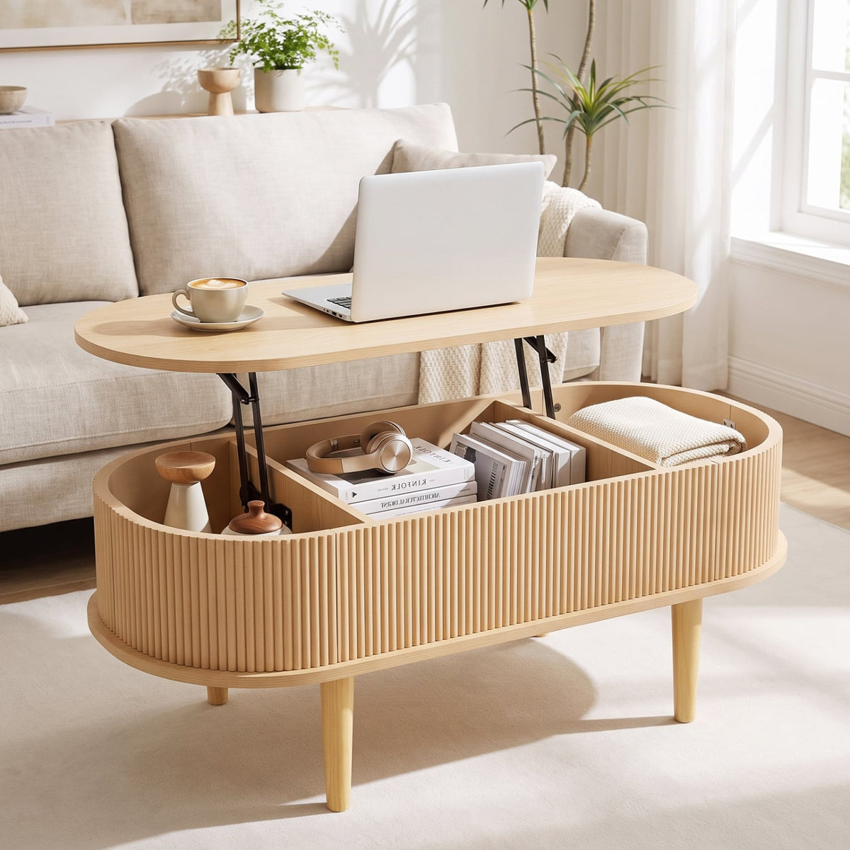 43.5" Oval Lift Top Coffee Table with Storage and Fluted Design for Living Room-Natural-Coffee Tables-DECOROLALA