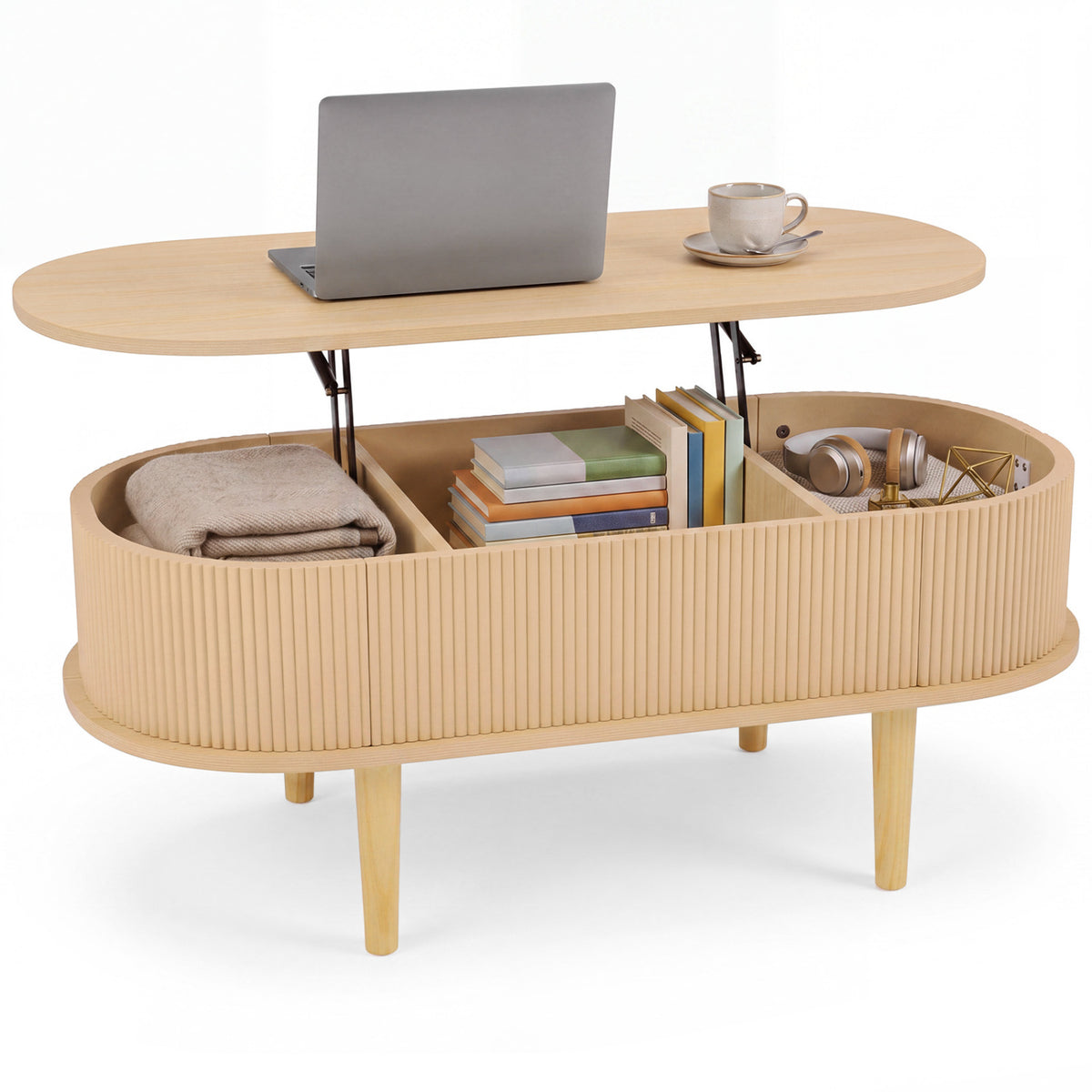 43.5" Oval Lift Top Coffee Table with Storage and Fluted Design for Living Room-Natural-Coffee Tables-DECOROLALA