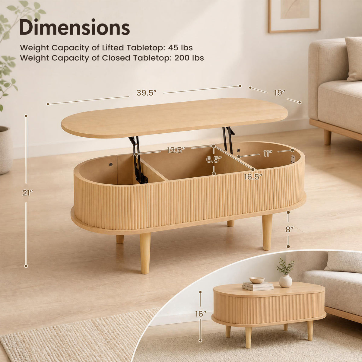 43.5" Oval Lift Top Coffee Table with Storage and Fluted Design for Living Room-Natural-Coffee Tables-DECOROLALA
