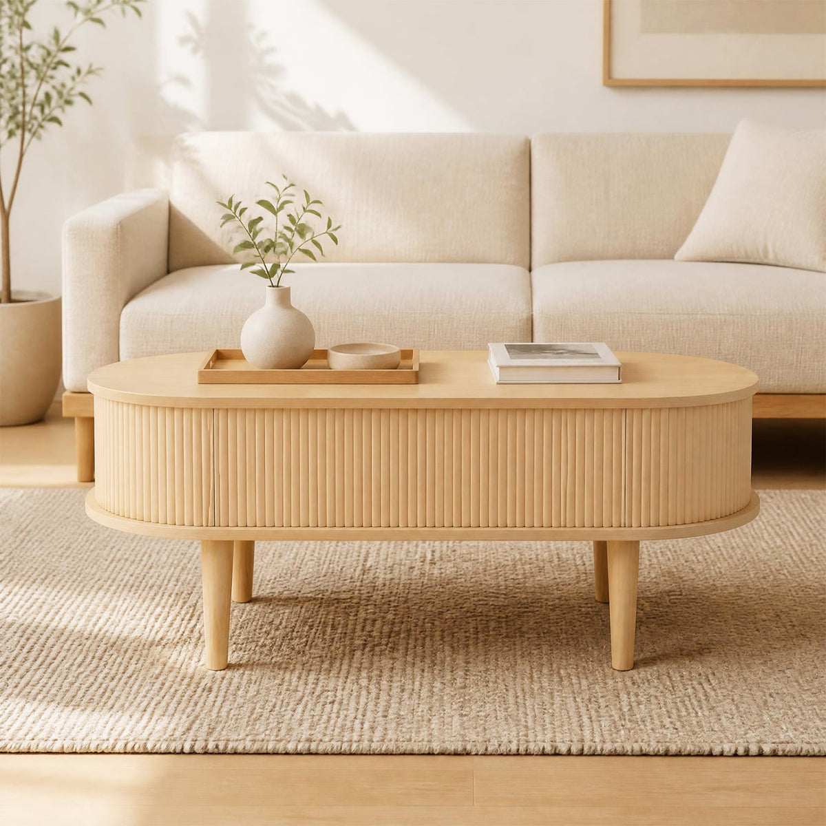 43.5" Oval Lift Top Coffee Table with Storage and Fluted Design for Living Room-Natural-Coffee Tables-DECOROLALA