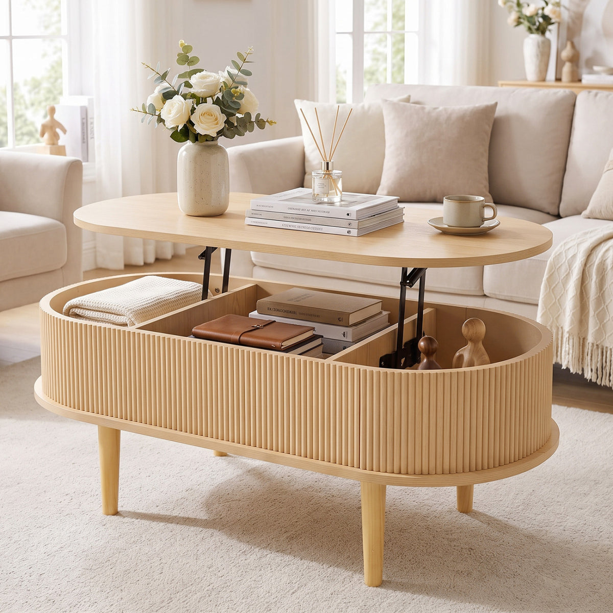 43.5" Oval Lift Top Coffee Table with Storage and Fluted Design for Living Room-Natural-Coffee Tables-DECOROLALA