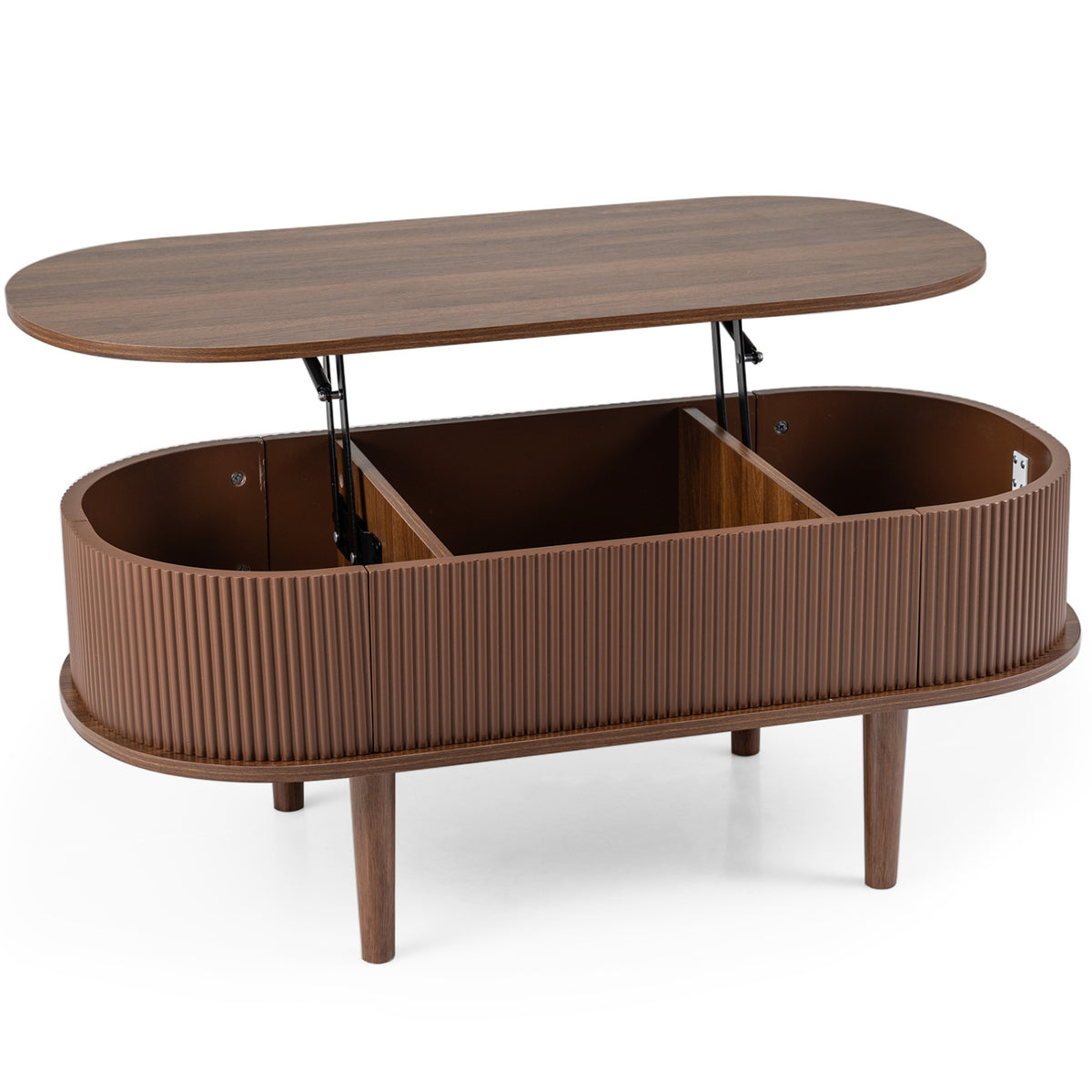 43.5" Oval Lift Top Coffee Table with Storage and Fluted Design for Living Room-Walnut-Coffee Tables-DECOROLALA