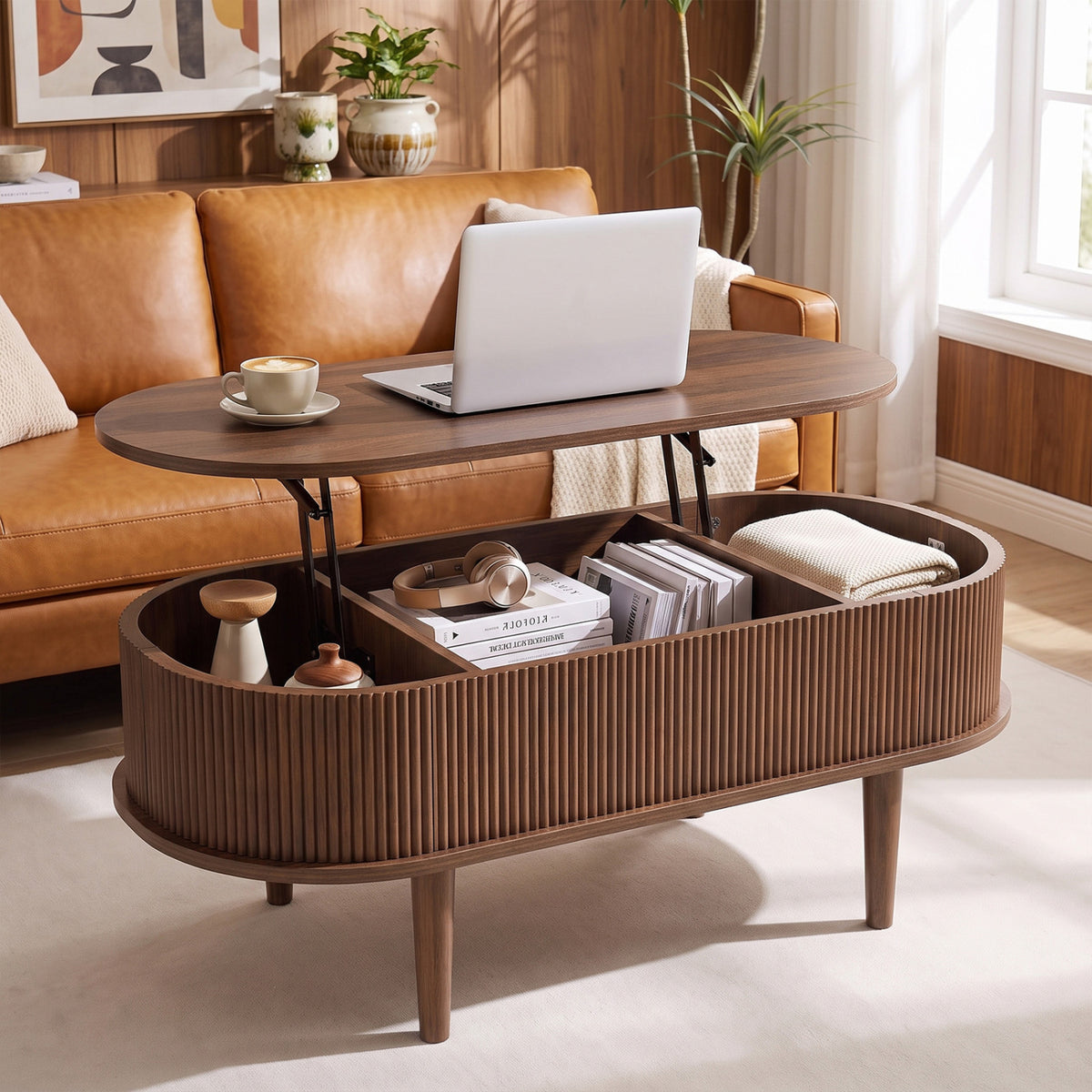 43.5" Oval Lift Top Coffee Table with Storage and Fluted Design for Living Room-Walnut-Coffee Tables-DECOROLALA