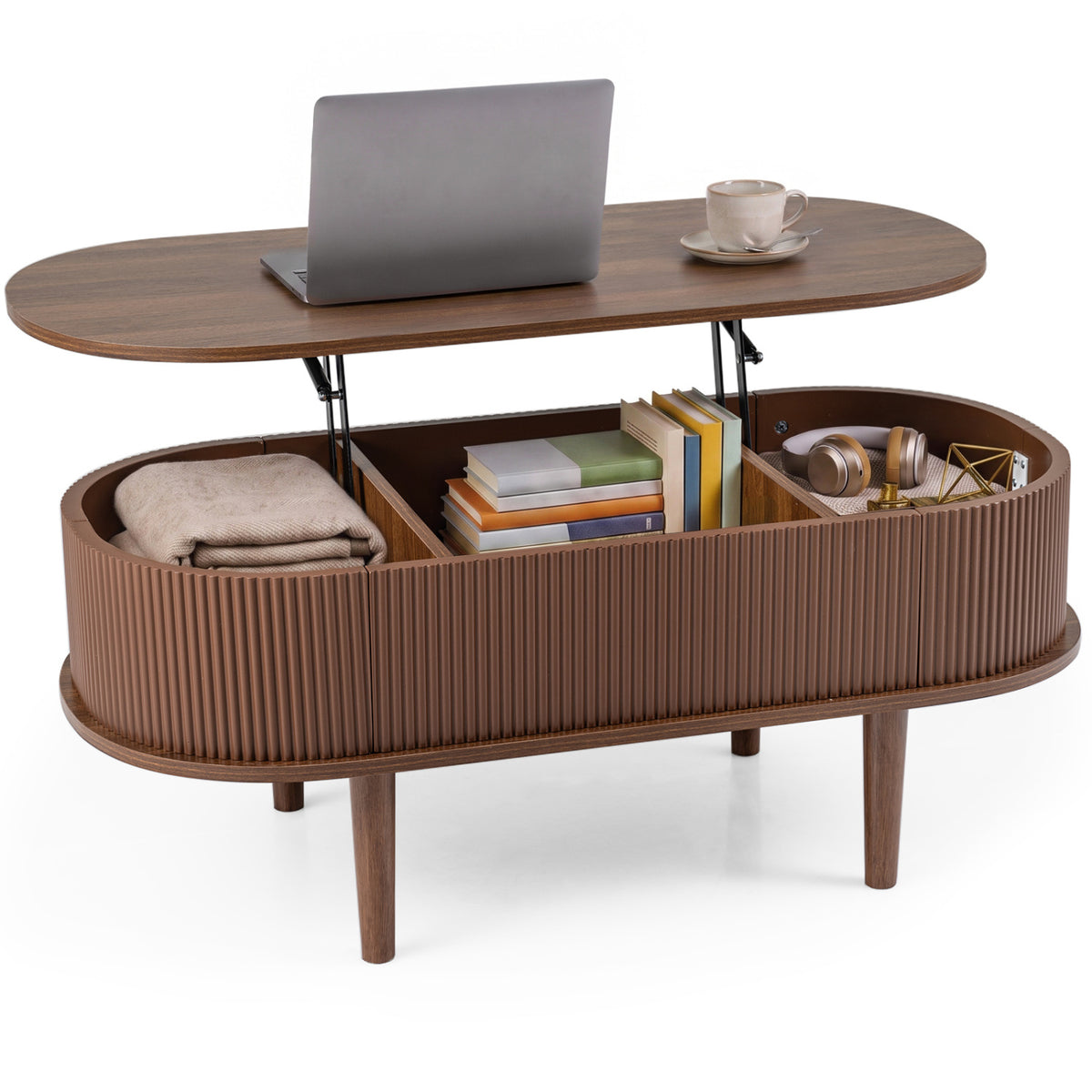 43.5" Oval Lift Top Coffee Table with Storage and Fluted Design for Living Room-Walnut-Coffee Tables-DECOROLALA