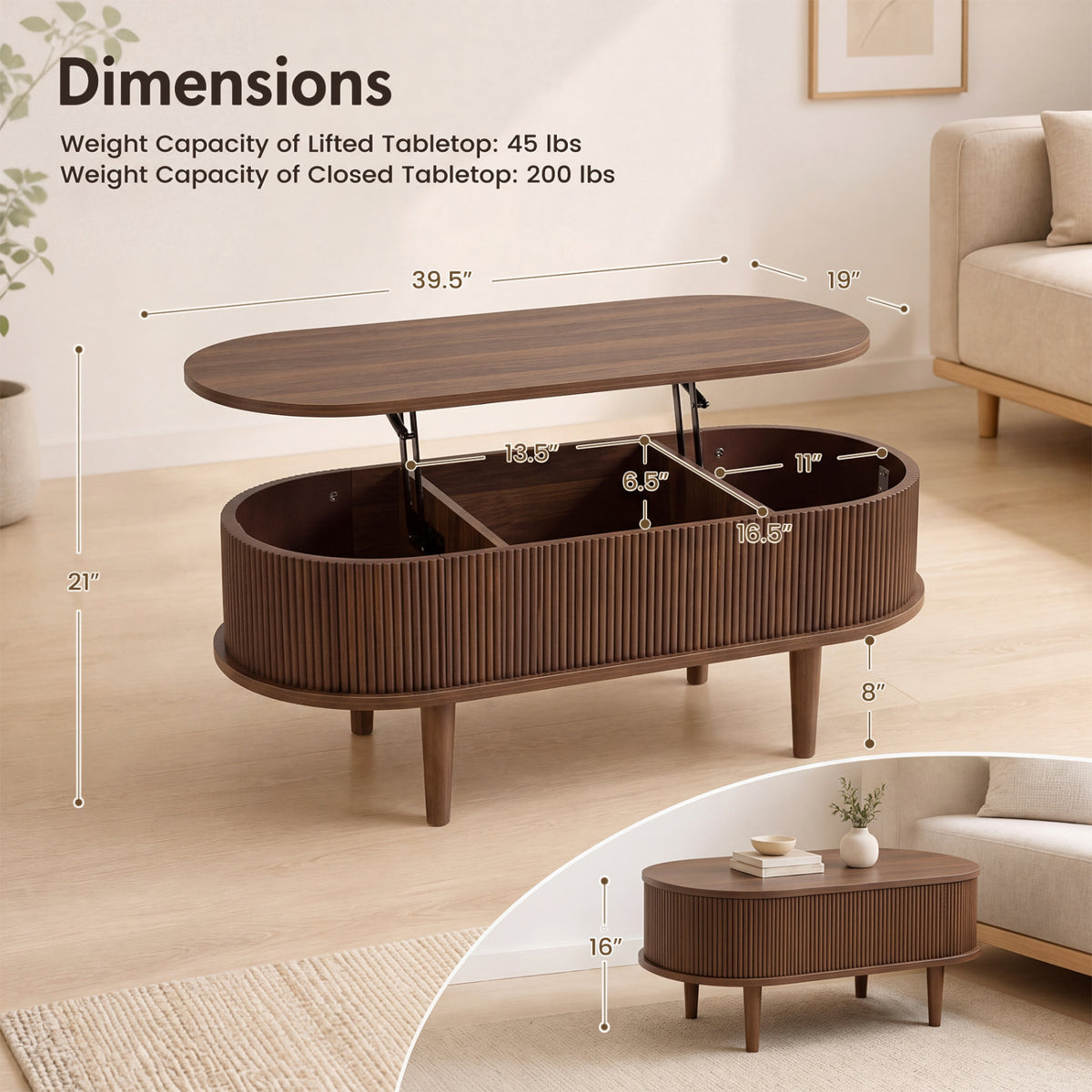 43.5" Oval Lift Top Coffee Table with Storage and Fluted Design for Living Room-Walnut-Coffee Tables-DECOROLALA