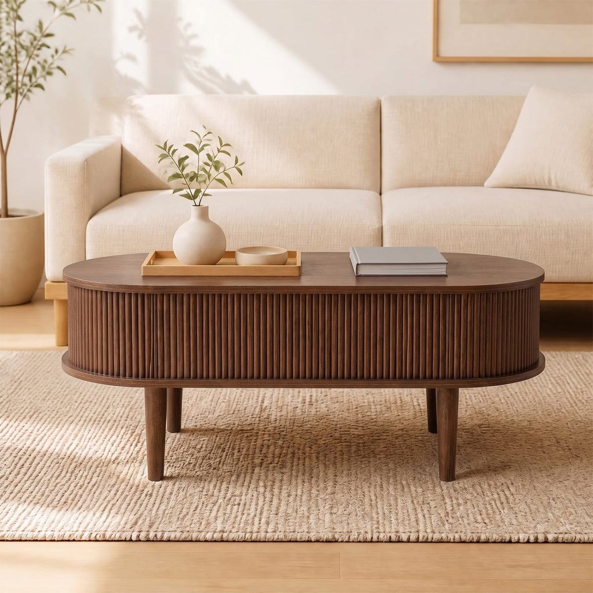 43.5" Oval Lift Top Coffee Table with Storage and Fluted Design for Living Room-Walnut-Coffee Tables-DECOROLALA