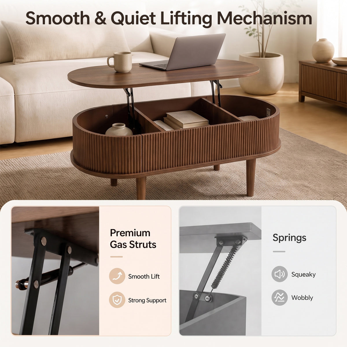 43.5" Oval Lift Top Coffee Table with Storage and Fluted Design for Living Room-Walnut-Coffee Tables-DECOROLALA