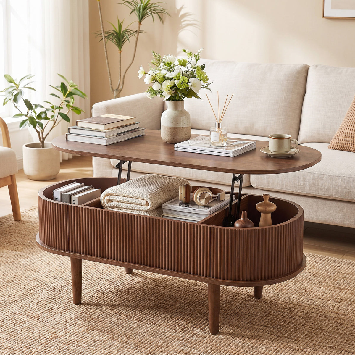 43.5" Oval Lift Top Coffee Table with Storage and Fluted Design for Living Room-Walnut-Coffee Tables-DECOROLALA