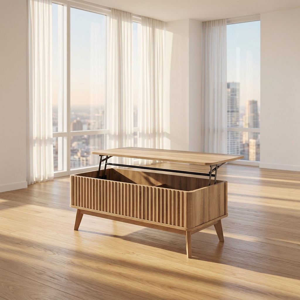 43.5" Rectangle Wooden Fluted Lift Top Coffee Table-Walnut-Coffee Tables-DECOROLALA