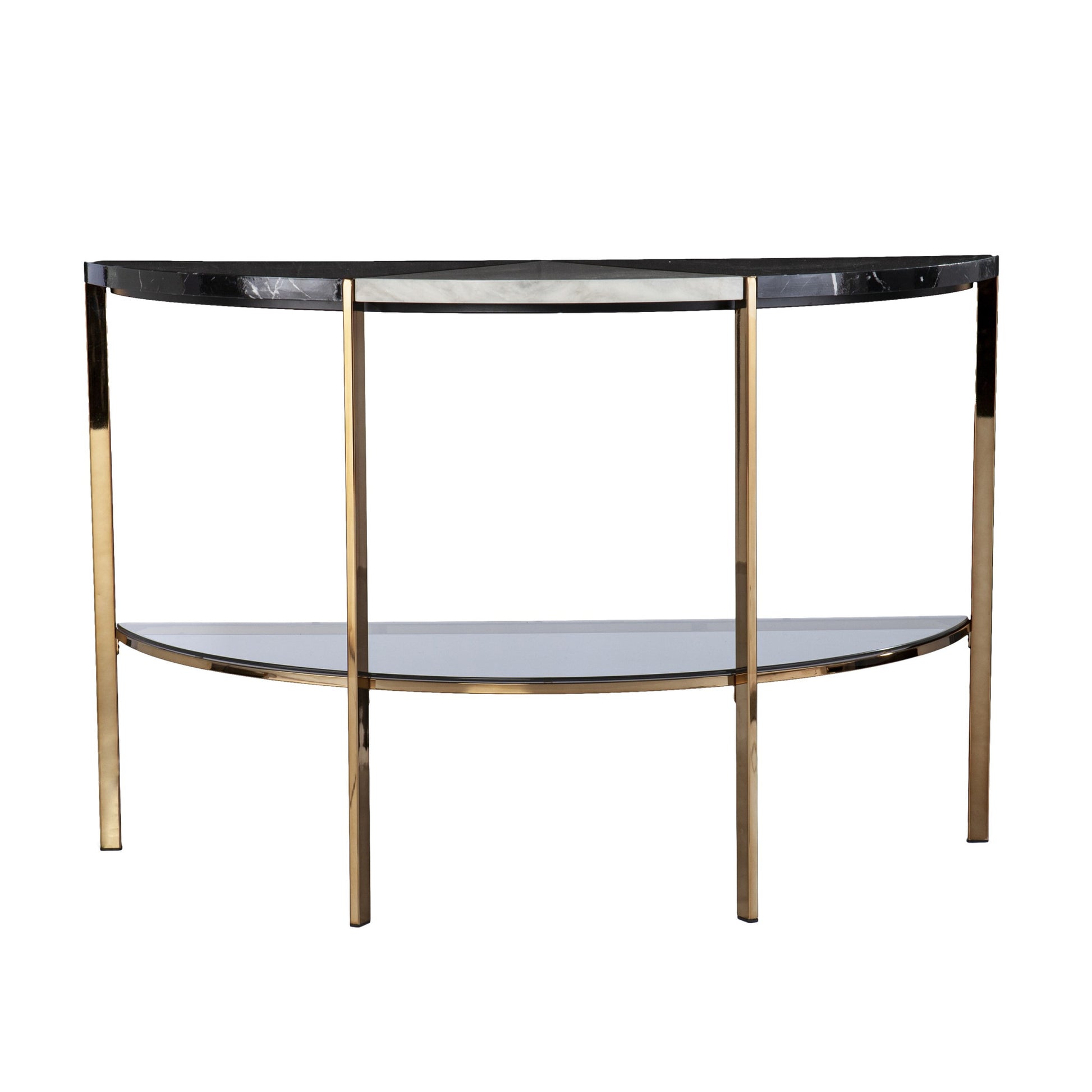 44" Black White and Champagne Faux Marble Half Moon Console Table With Shelves-Console Tables-DECOROLALA
