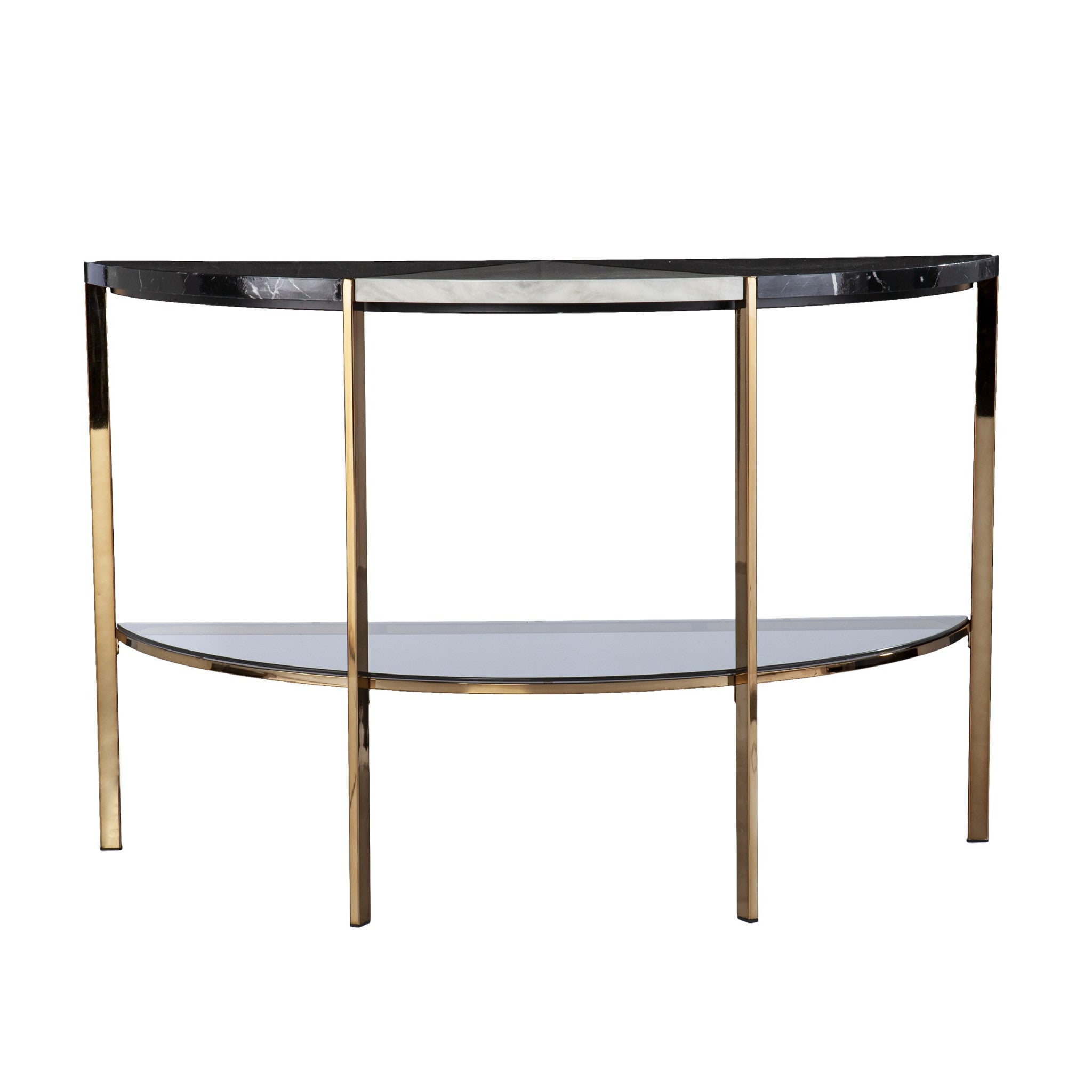 44" Black White and Champagne Faux Marble Half Moon Console Table With Shelves-Console Tables-DECOROLALA