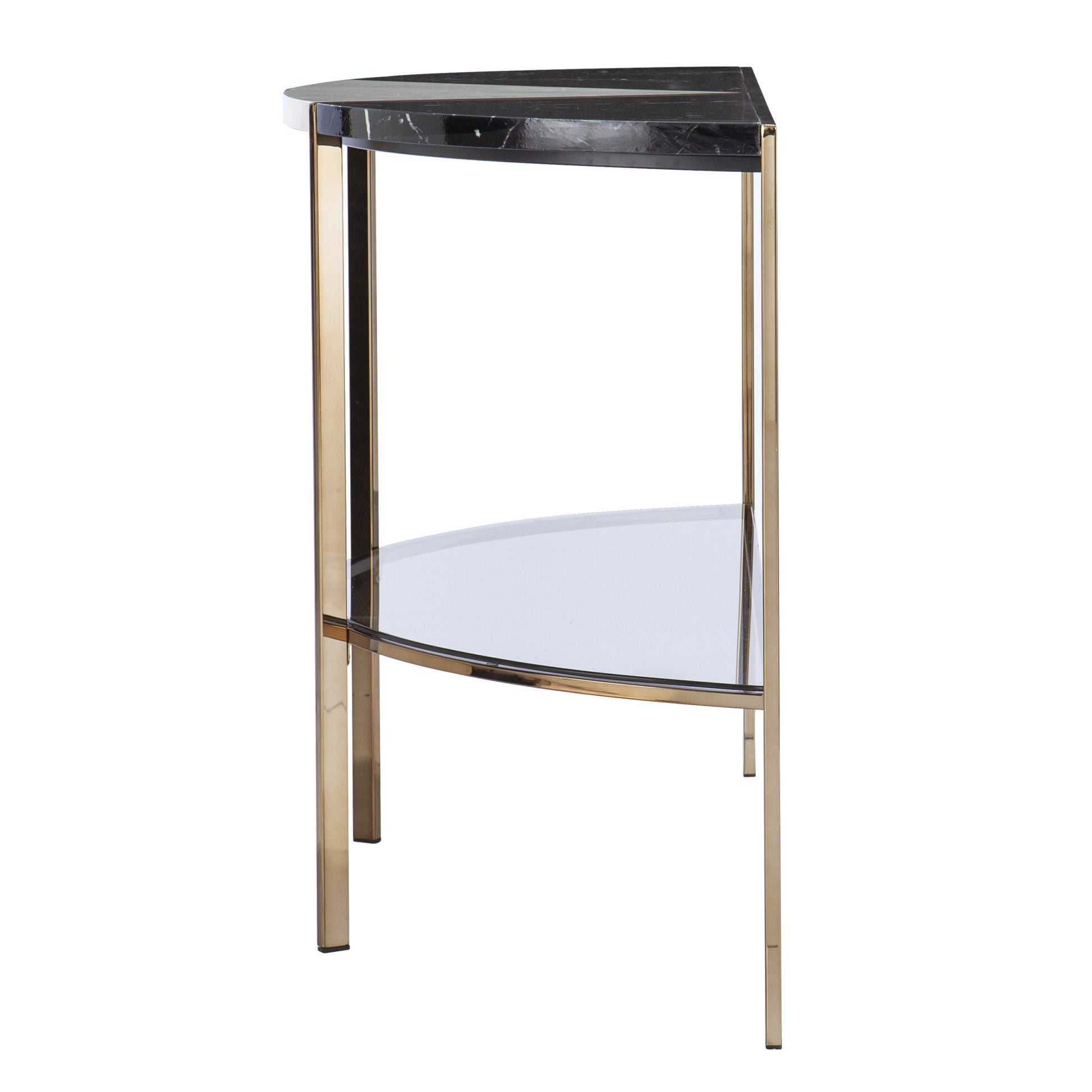 44" Black White and Champagne Faux Marble Half Moon Console Table With Shelves-Console Tables-DECOROLALA
