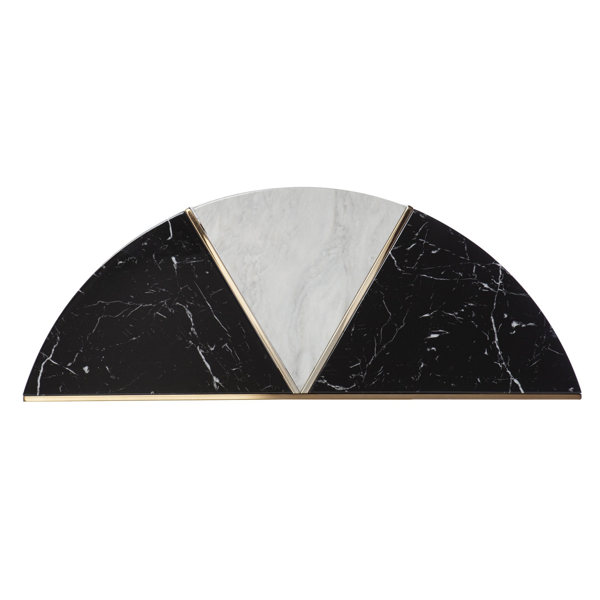 44" Black White and Champagne Faux Marble Half Moon Console Table With Shelves-Console Tables-DECOROLALA