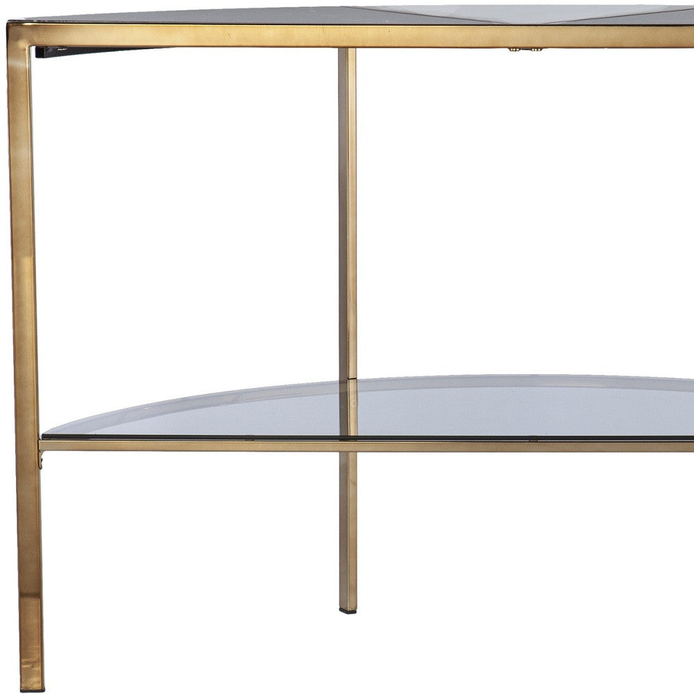 44" Black White and Champagne Faux Marble Half Moon Console Table With Shelves-Console Tables-DECOROLALA