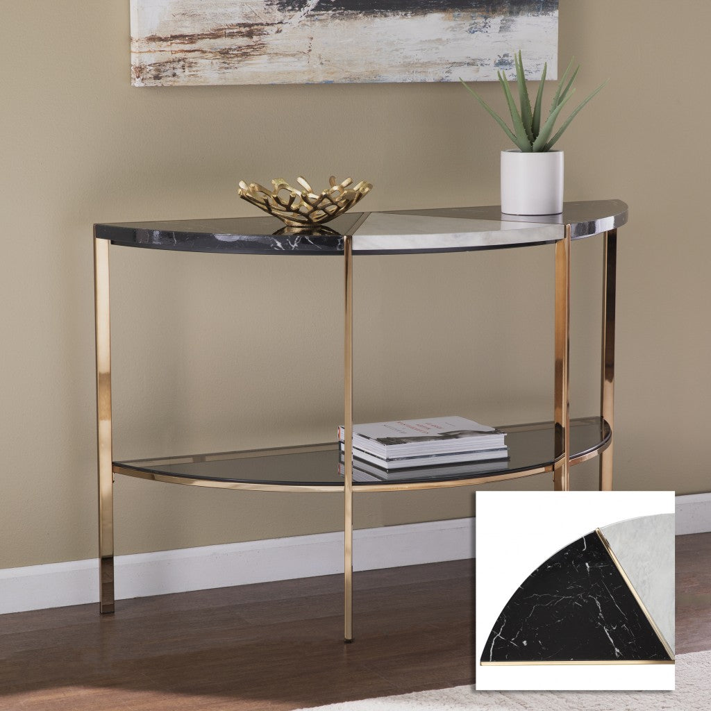 44" Black White and Champagne Faux Marble Half Moon Console Table With Shelves-Console Tables-DECOROLALA