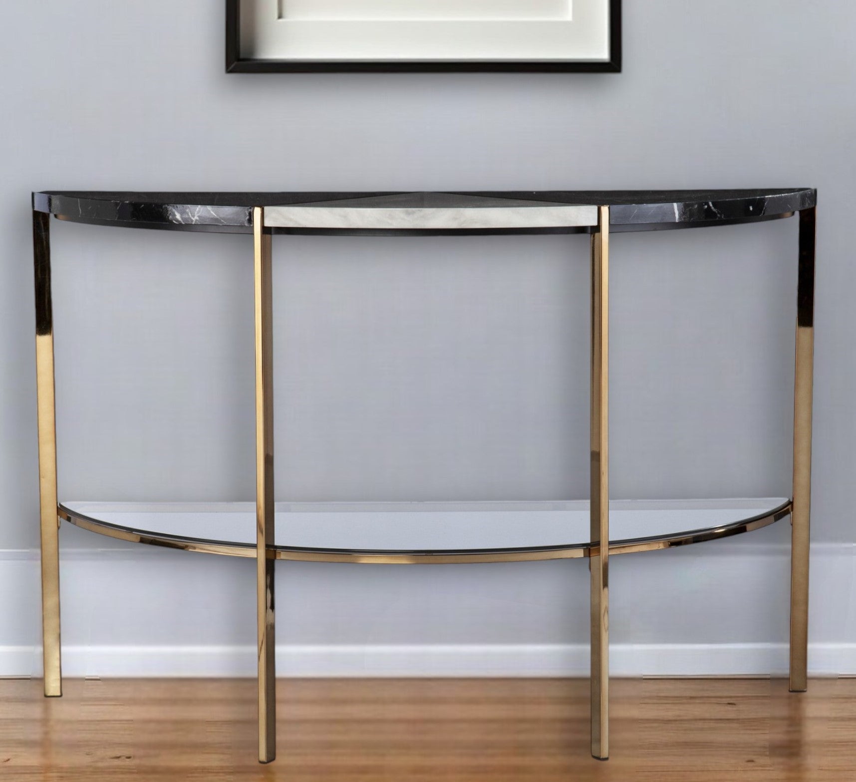 44" Black White and Champagne Faux Marble Half Moon Console Table With Shelves-Console Tables-DECOROLALA