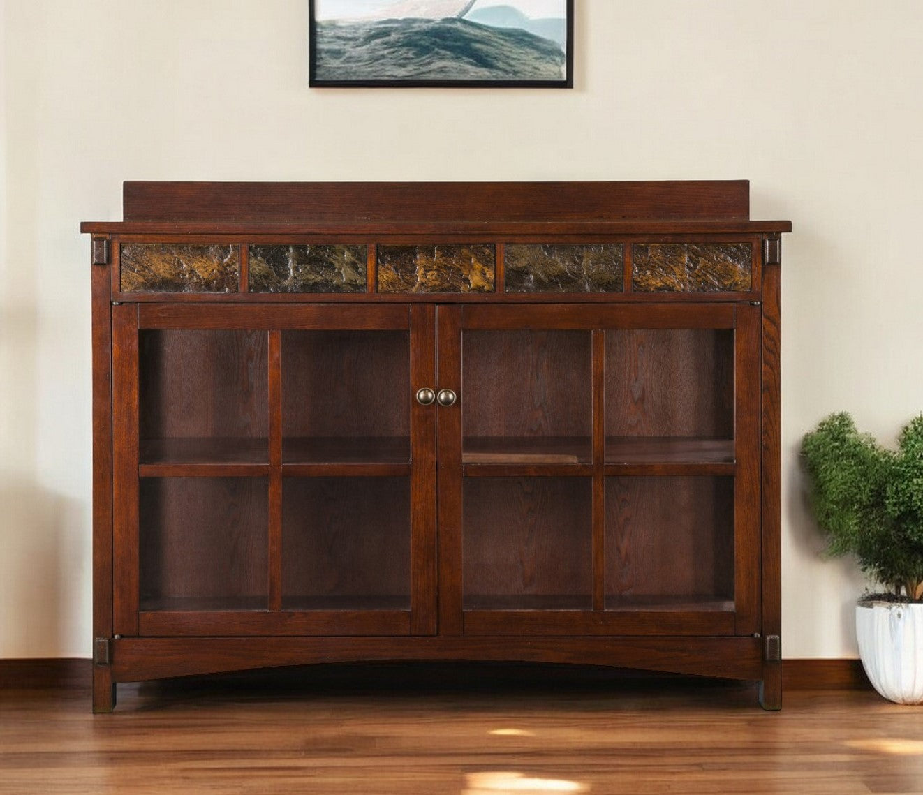 44" Brown Wood With Glass Sideboard with Two Doors-Sideboards-DECOROLALA