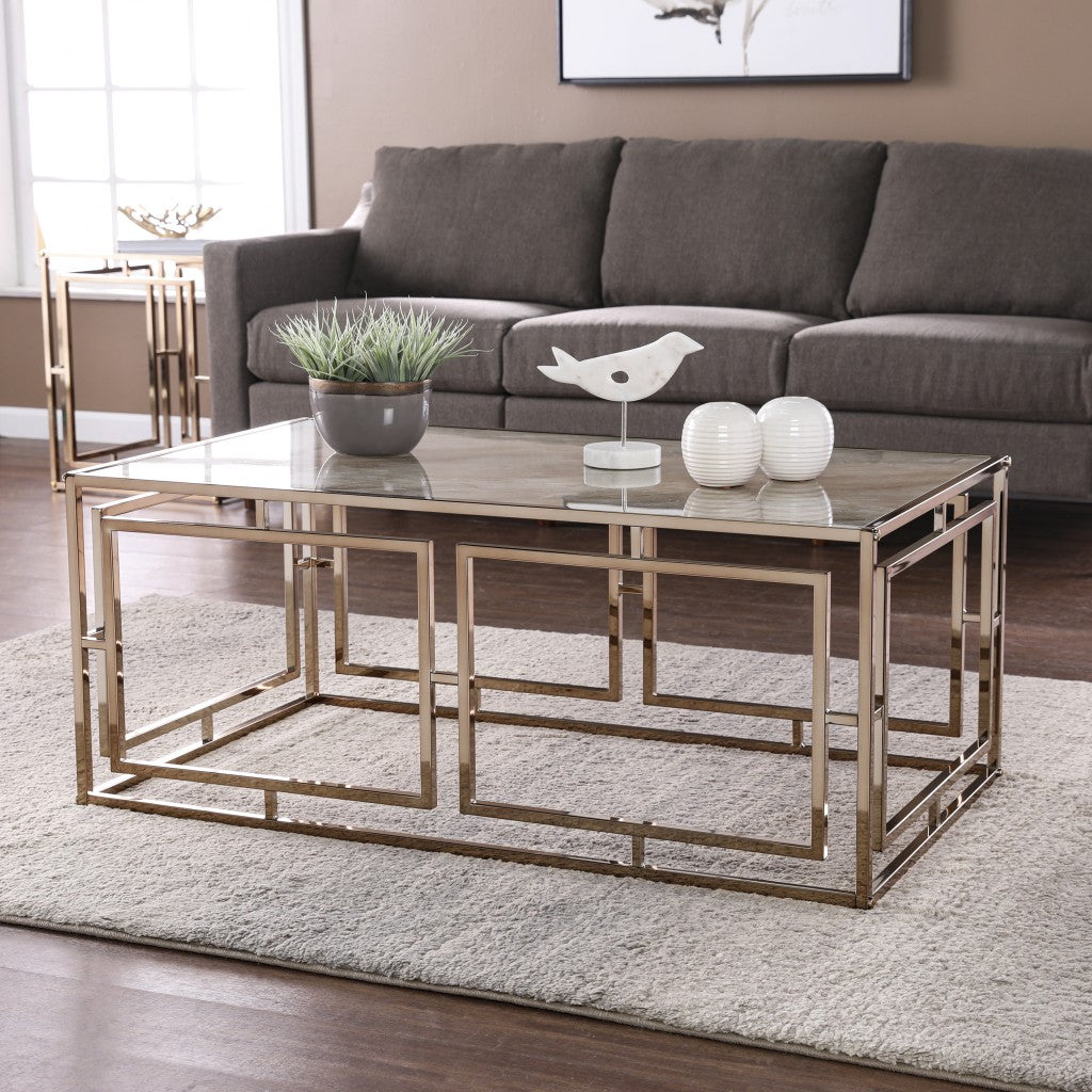 44" Champagne Glass And Metal Rectangular Coffee Table-Coffee Tables-DECOROLALA