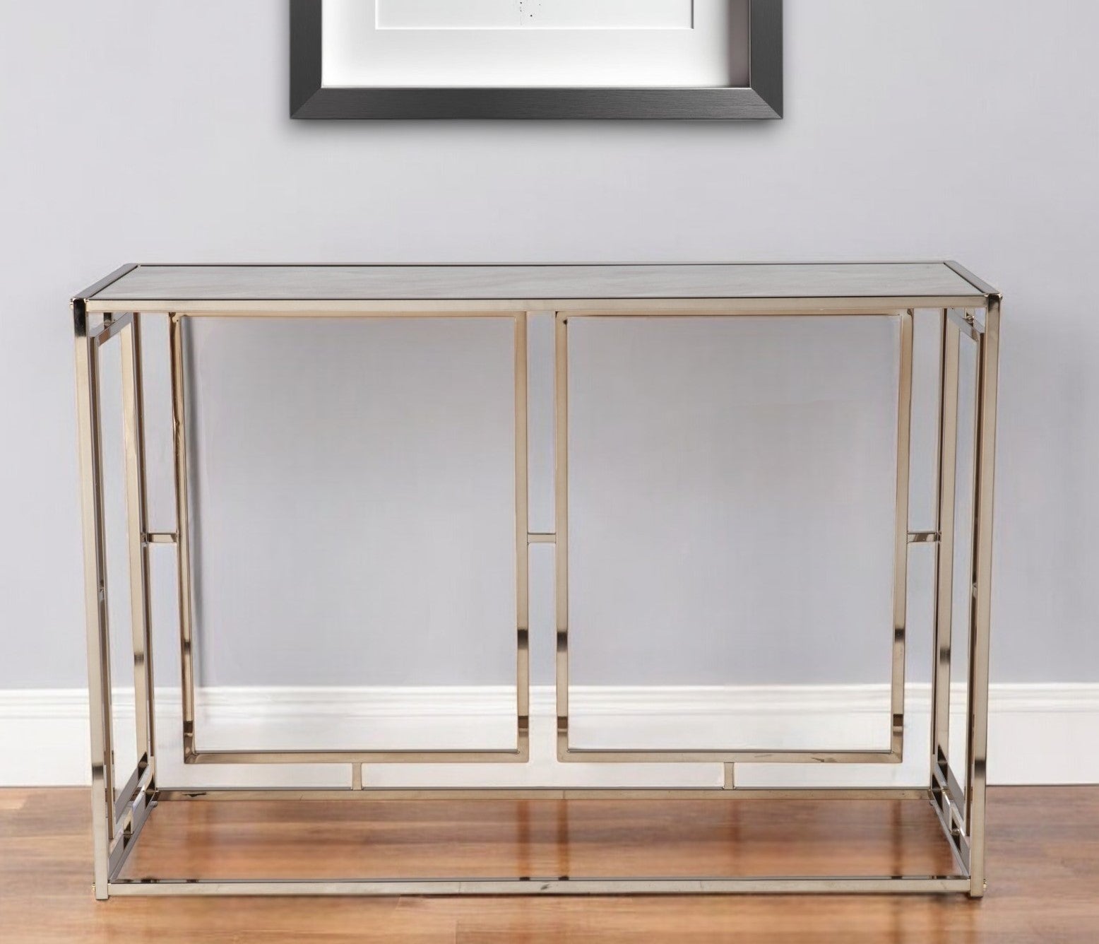 44" Champagne and Gold Faux Marble Frame Console Table-Console Tables-DECOROLALA