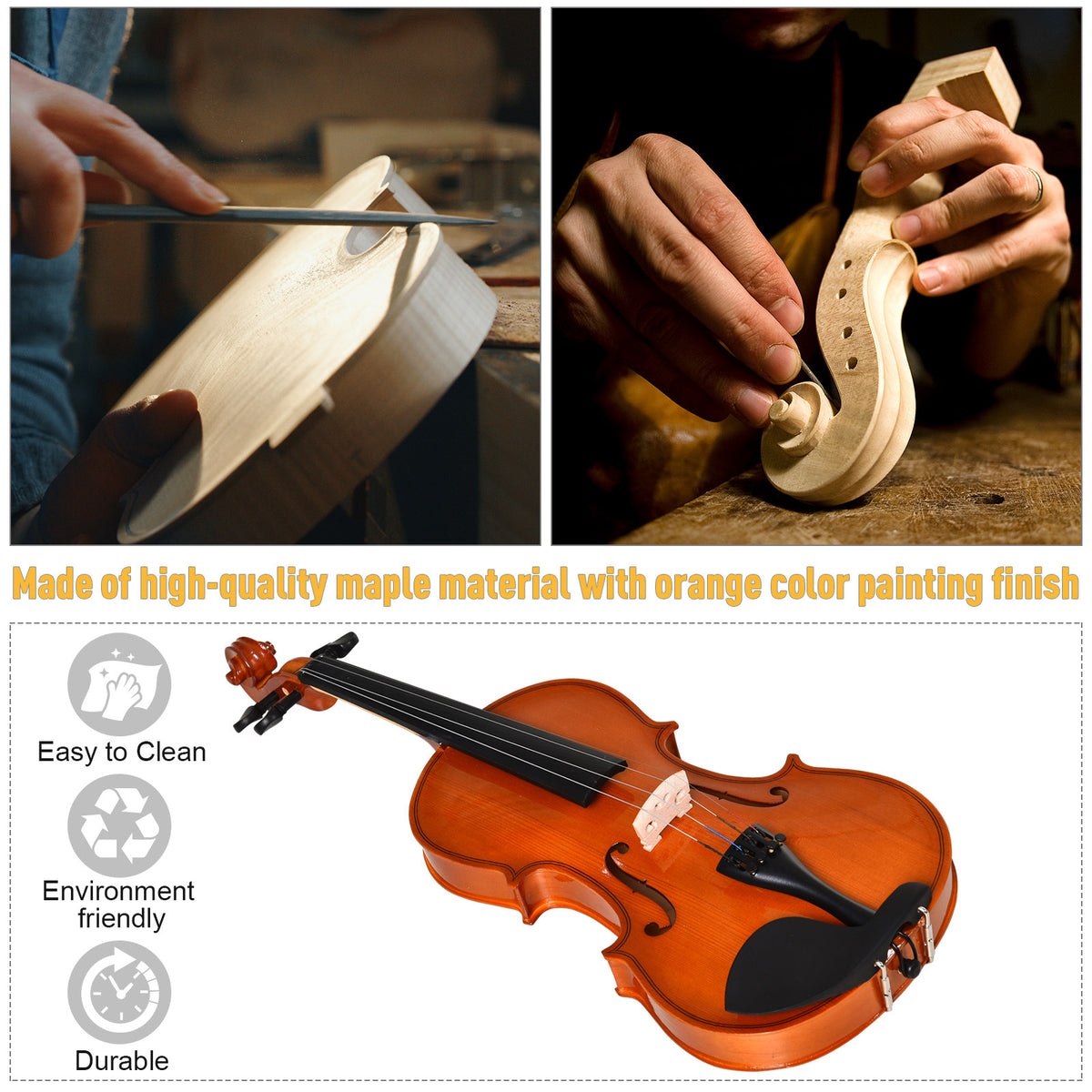 4/4 Violin Maple Wood Full Set of Accessories Storage Box, Orange-Toys & Games > Baby & Toddler Toys > Electronic Musical Pianos-DECOROLALA
