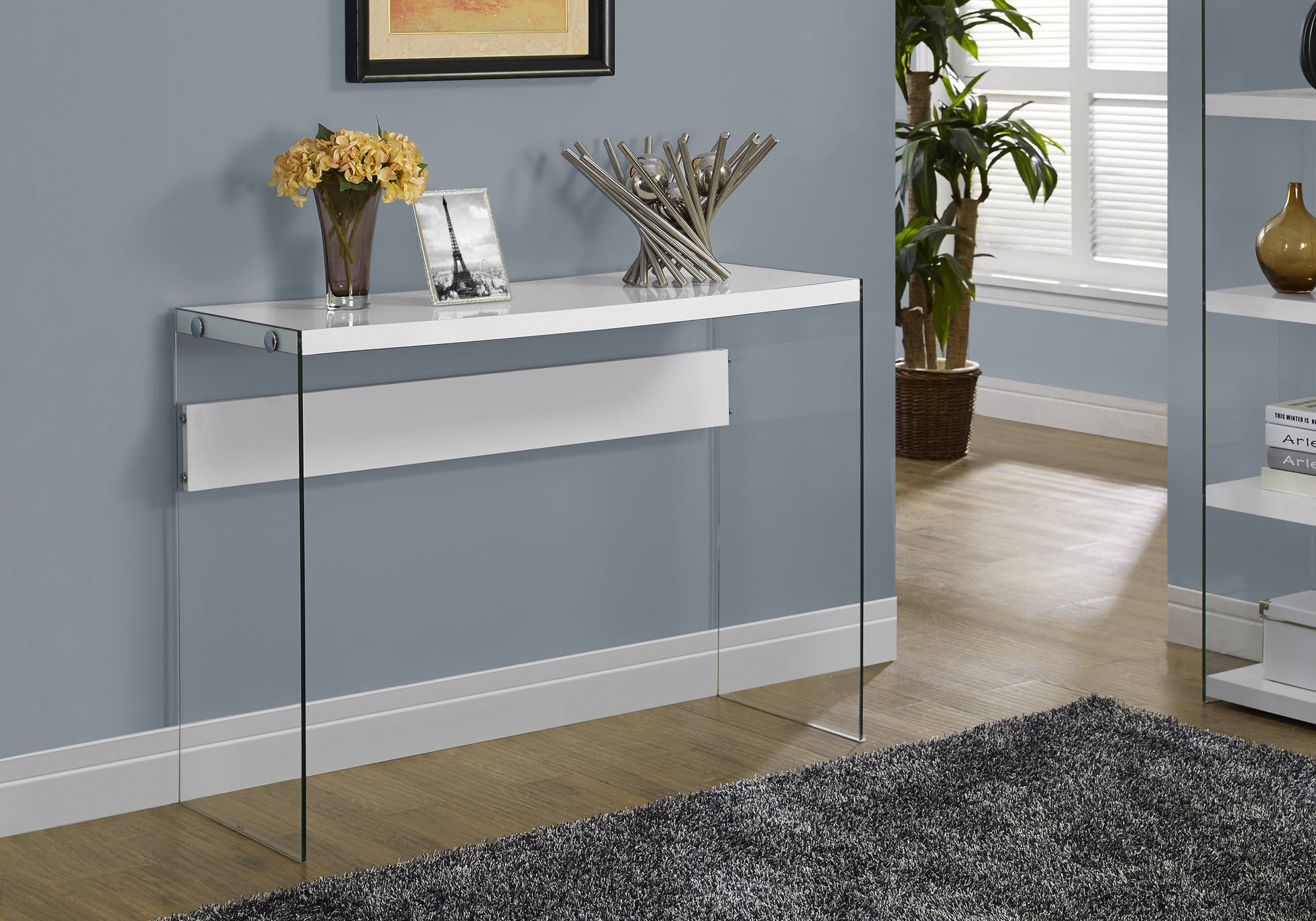 44" Gray And Clear Solid Console Table-Console Tables-DECOROLALA