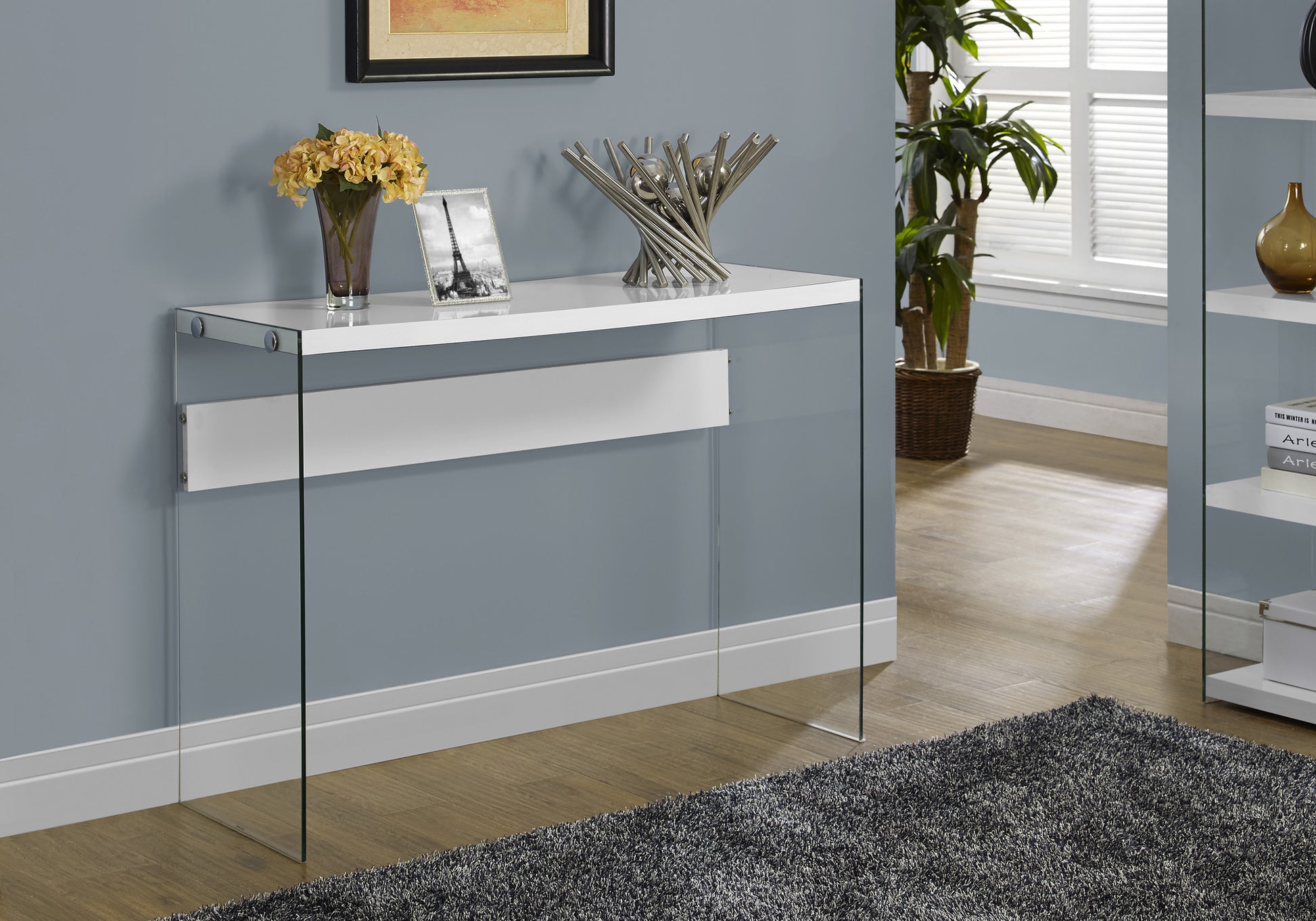 44" Gray And Clear Solid Console Table-Console Tables-DECOROLALA