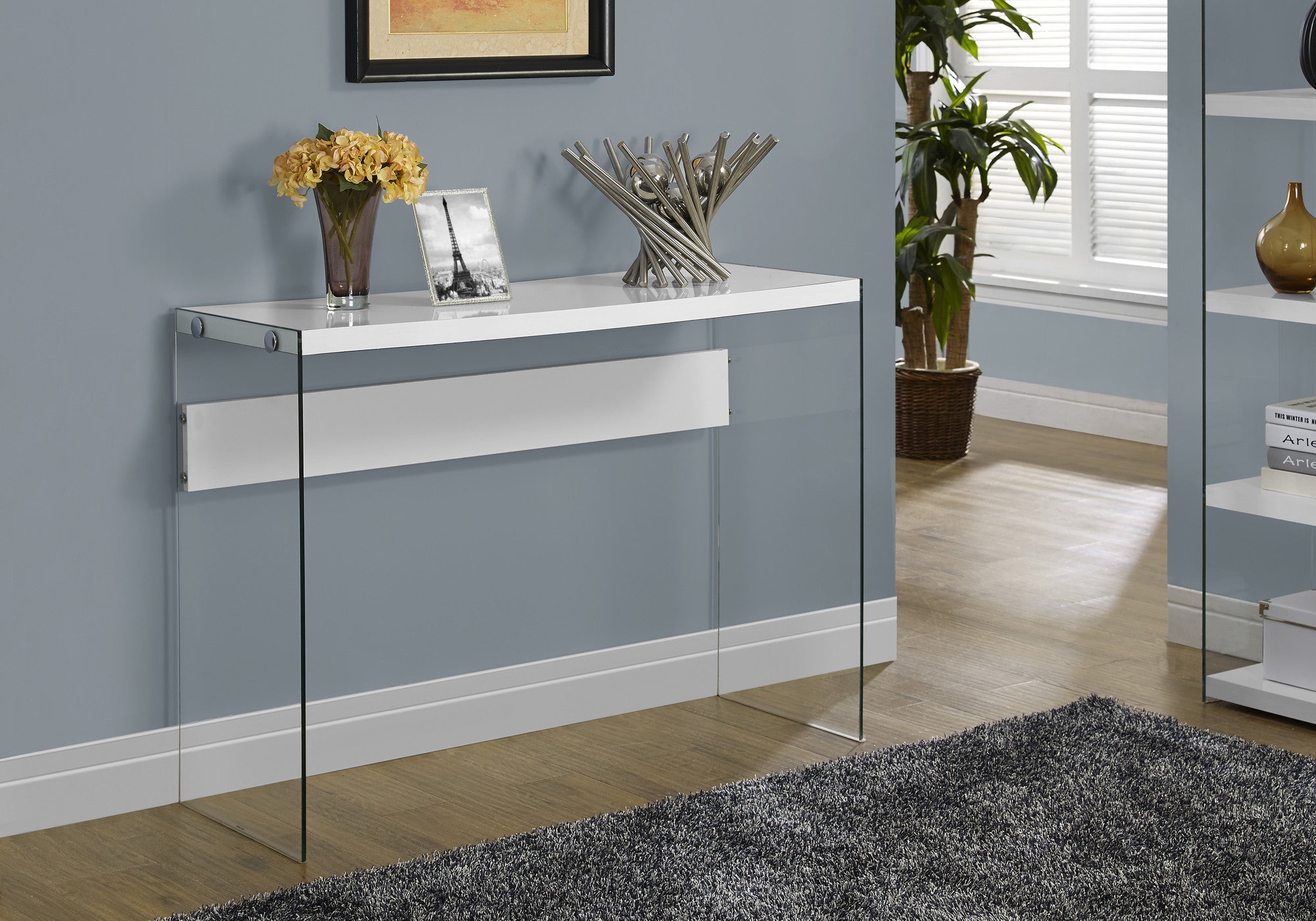 44" Gray And Clear Solid Console Table-Console Tables-DECOROLALA