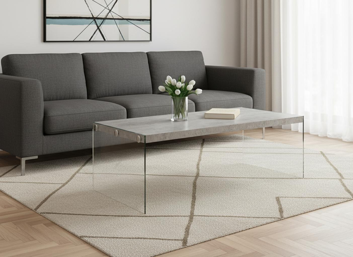44" Gray Clear Wood And Glass Coffee Table-Coffee Tables-DECOROLALA