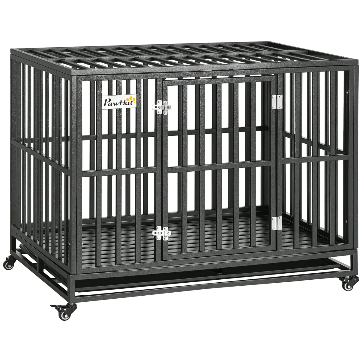 44" Heavy Duty Steel Dog Crate - Black Kennel with Wheels-Dog Supplies-DECOROLALA