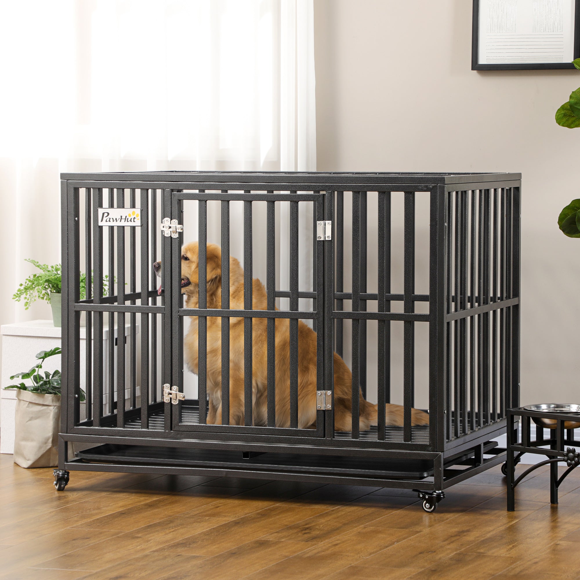 44" Heavy Duty Steel Dog Crate - Black Kennel with Wheels-Dogs-DECOROLALA