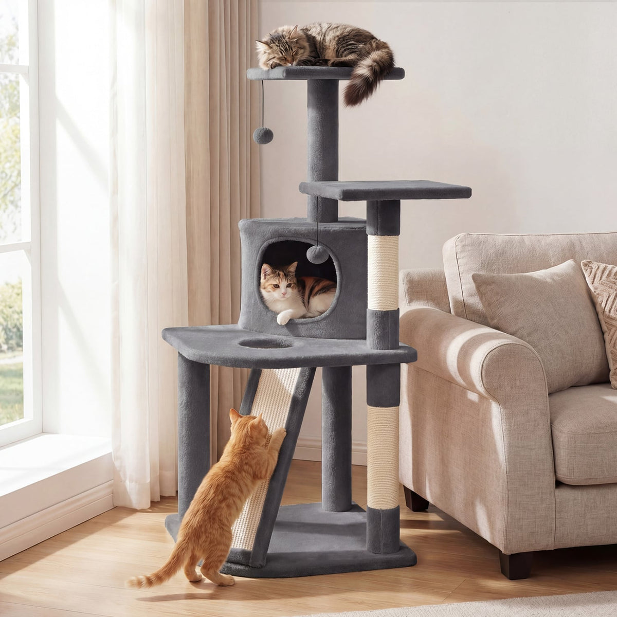 44 Inch Tall Kitten Tower with Condo and 2 Plush Perches-Light Gray-Cat Trees & Scratchers-DECOROLALA