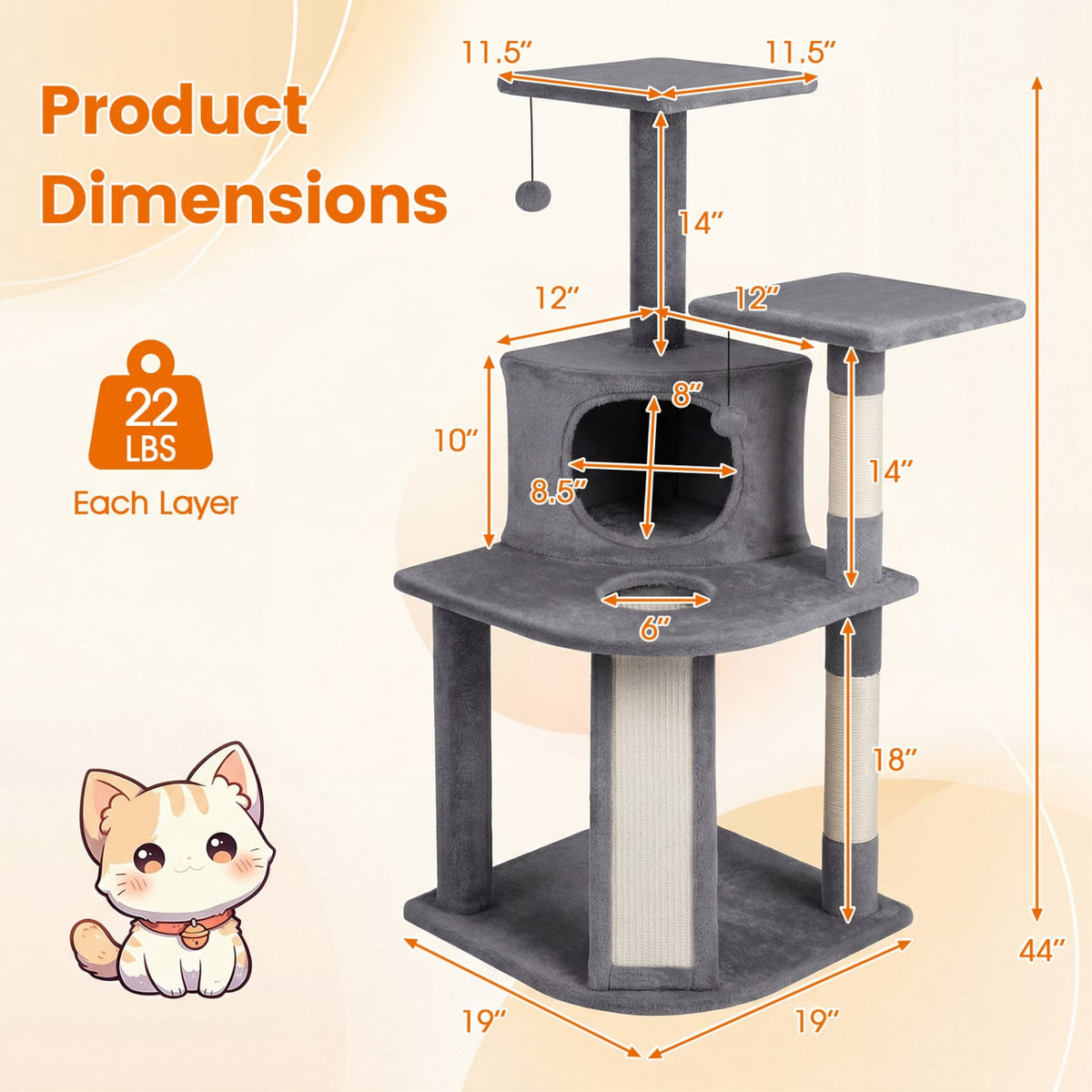 44 Inch Tall Kitten Tower with Condo and 2 Plush Perches-Light Gray-Cat Trees & Scratchers-DECOROLALA