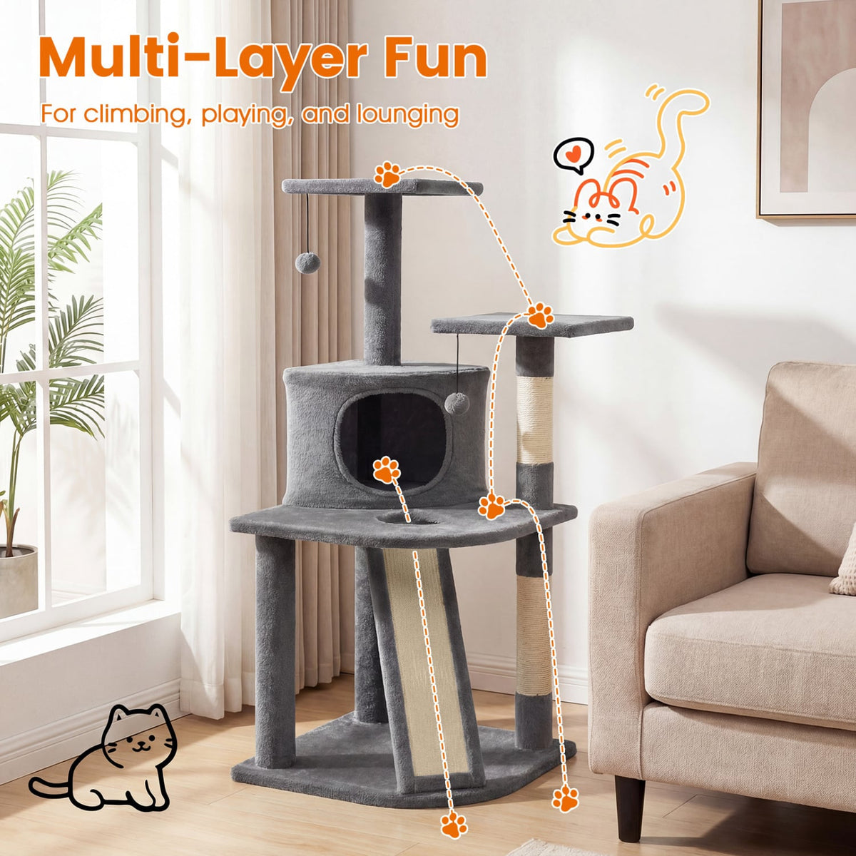 44 Inch Tall Kitten Tower with Condo and 2 Plush Perches-Light Gray-Cat Trees & Scratchers-DECOROLALA