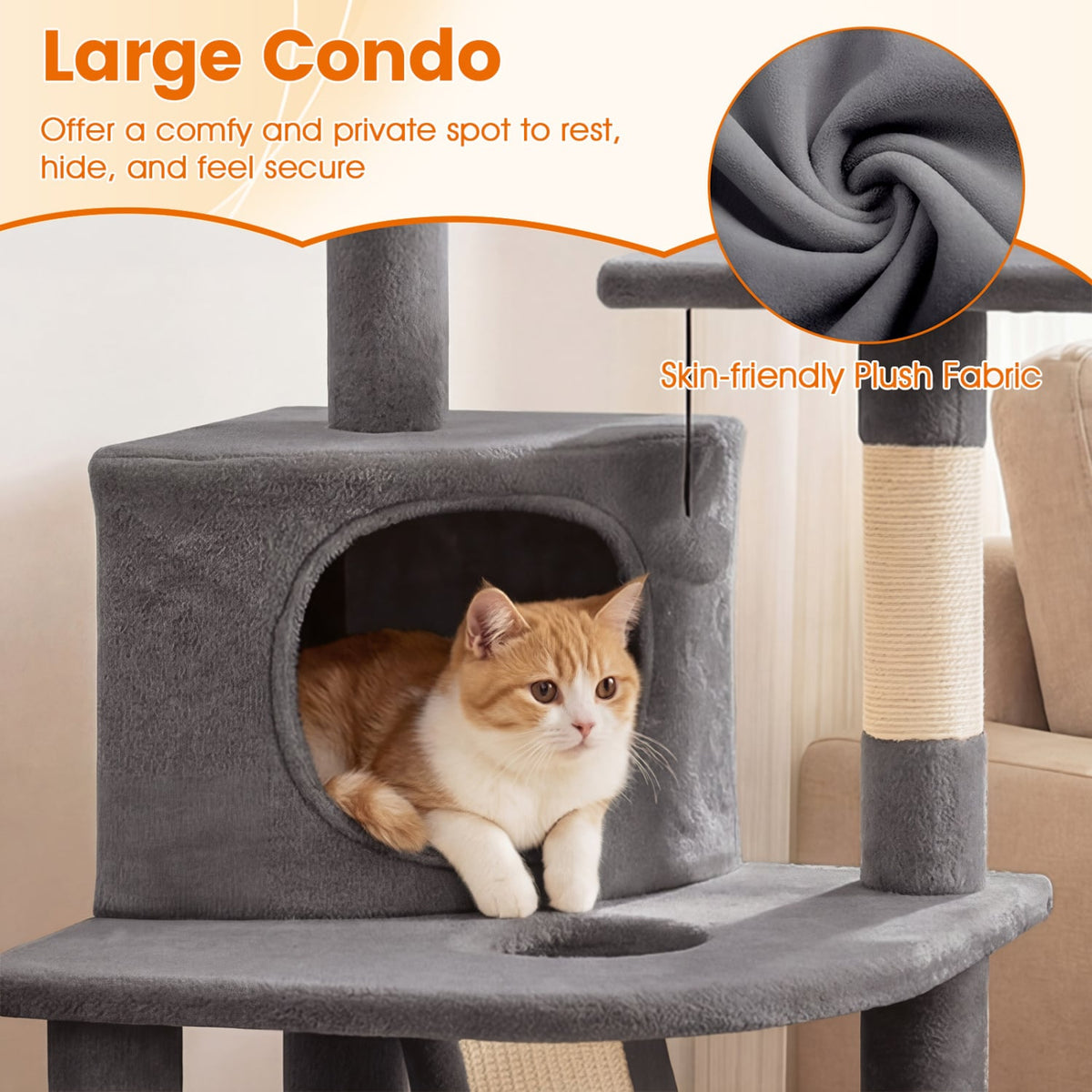 44 Inch Tall Kitten Tower with Condo and 2 Plush Perches-Light Gray-Cat Trees & Scratchers-DECOROLALA