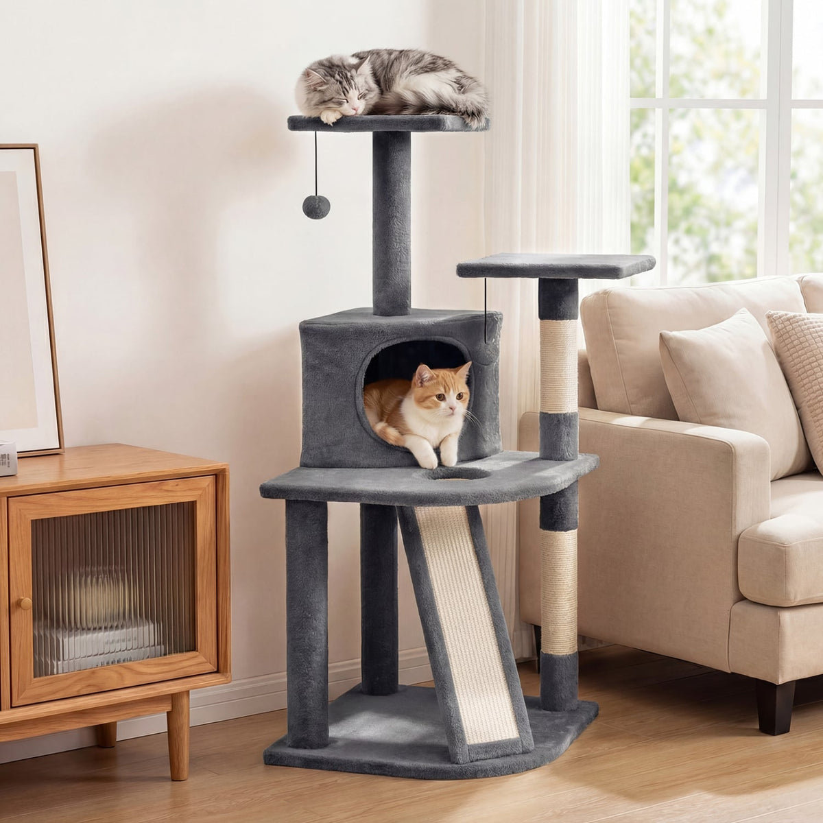 44 Inch Tall Kitten Tower with Condo and 2 Plush Perches-Light Gray-Cat Trees & Scratchers-DECOROLALA